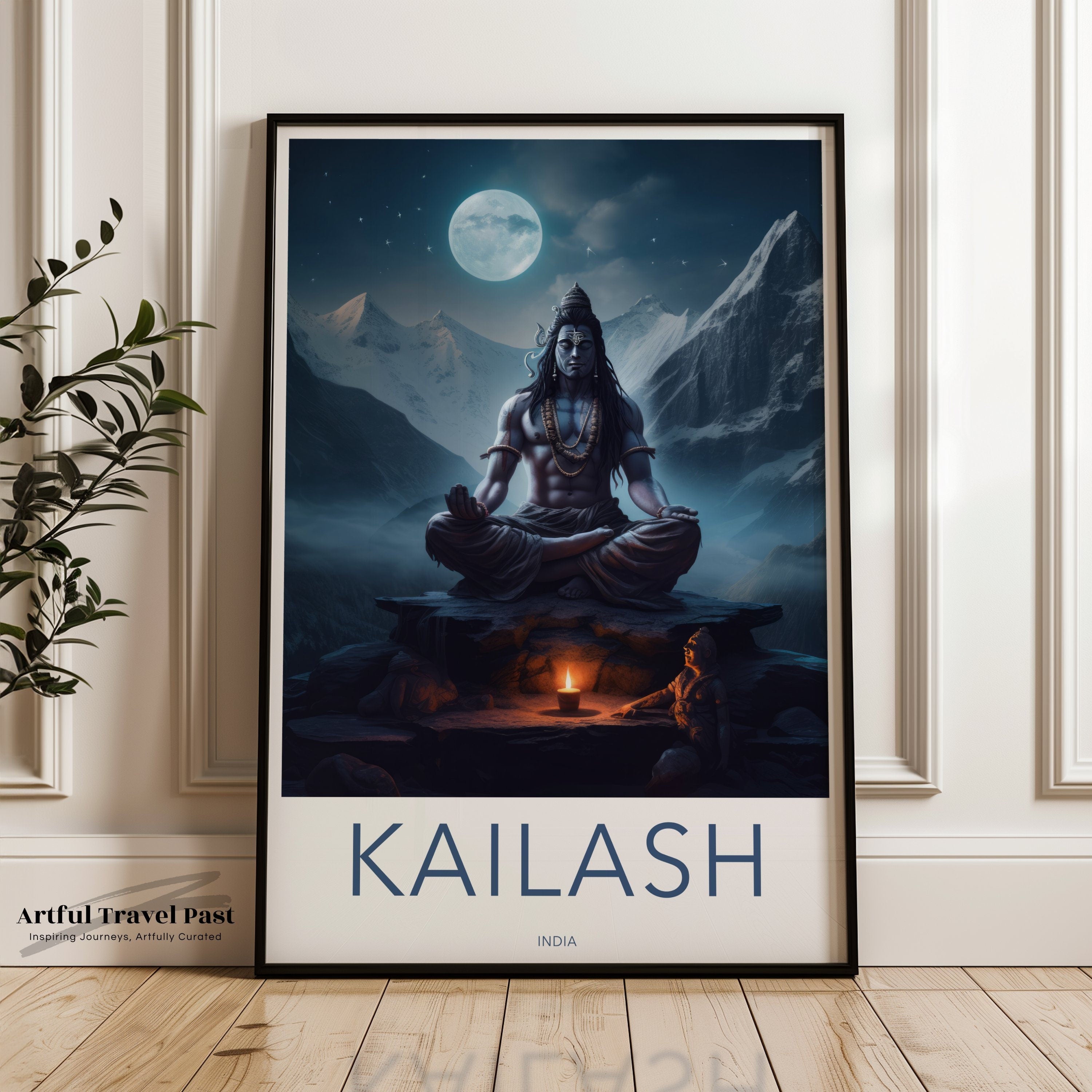 Kailash Mountain Wall Art, Meditation Shiva Poster, Spiritual Home Decor, Moonlit Himalayan Landscape, Divine Tranquility Print