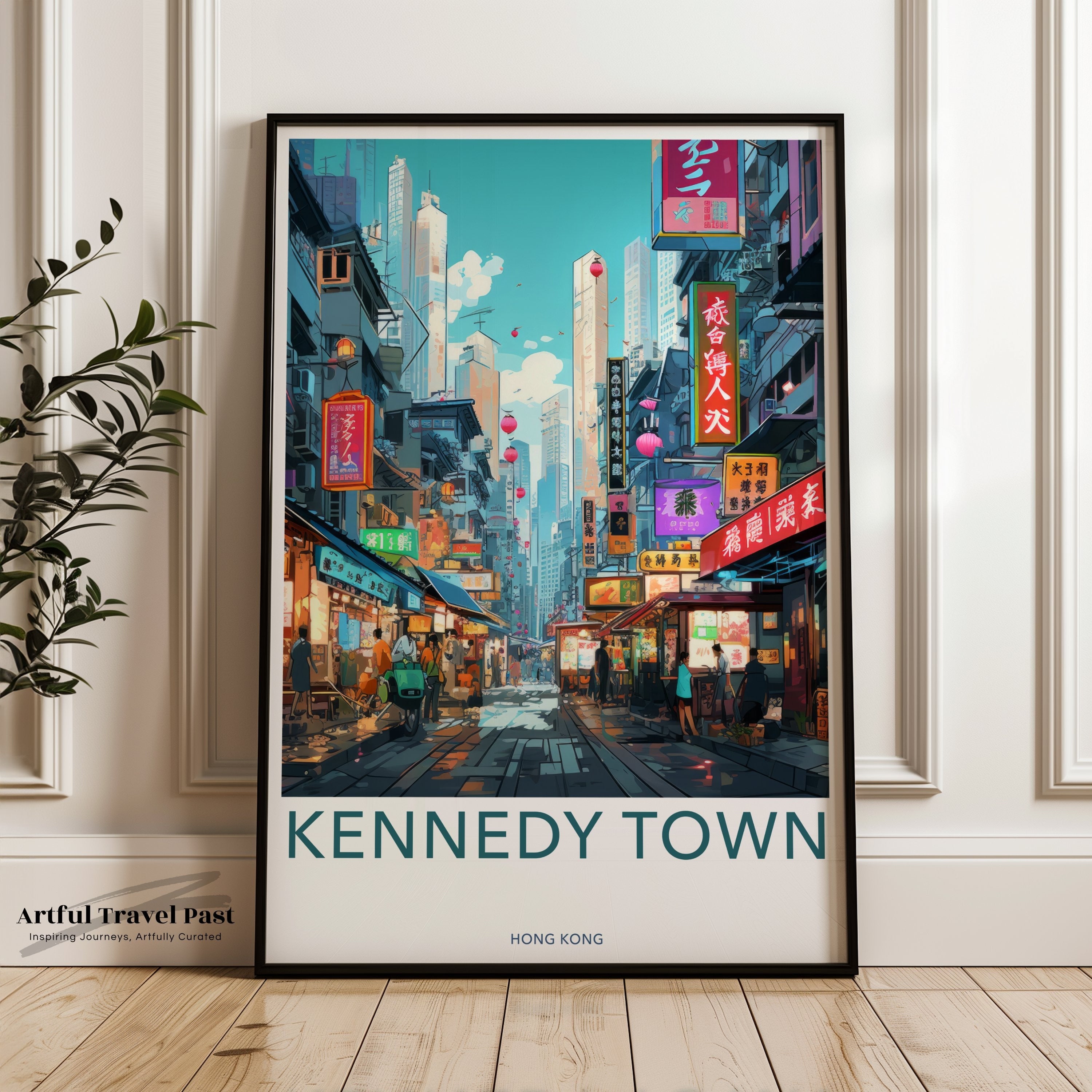 Cityscape wall art, Hong Kong street view, vibrant urban print, modern city decor, Kennedy Town poster, colorful skyline artwork