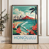 Vintage Honolulu Hawaii Travel Poster, Retro Beach Wall Art, Colorful Ocean Scene Print, Tropical Decor, Coastal Artwork