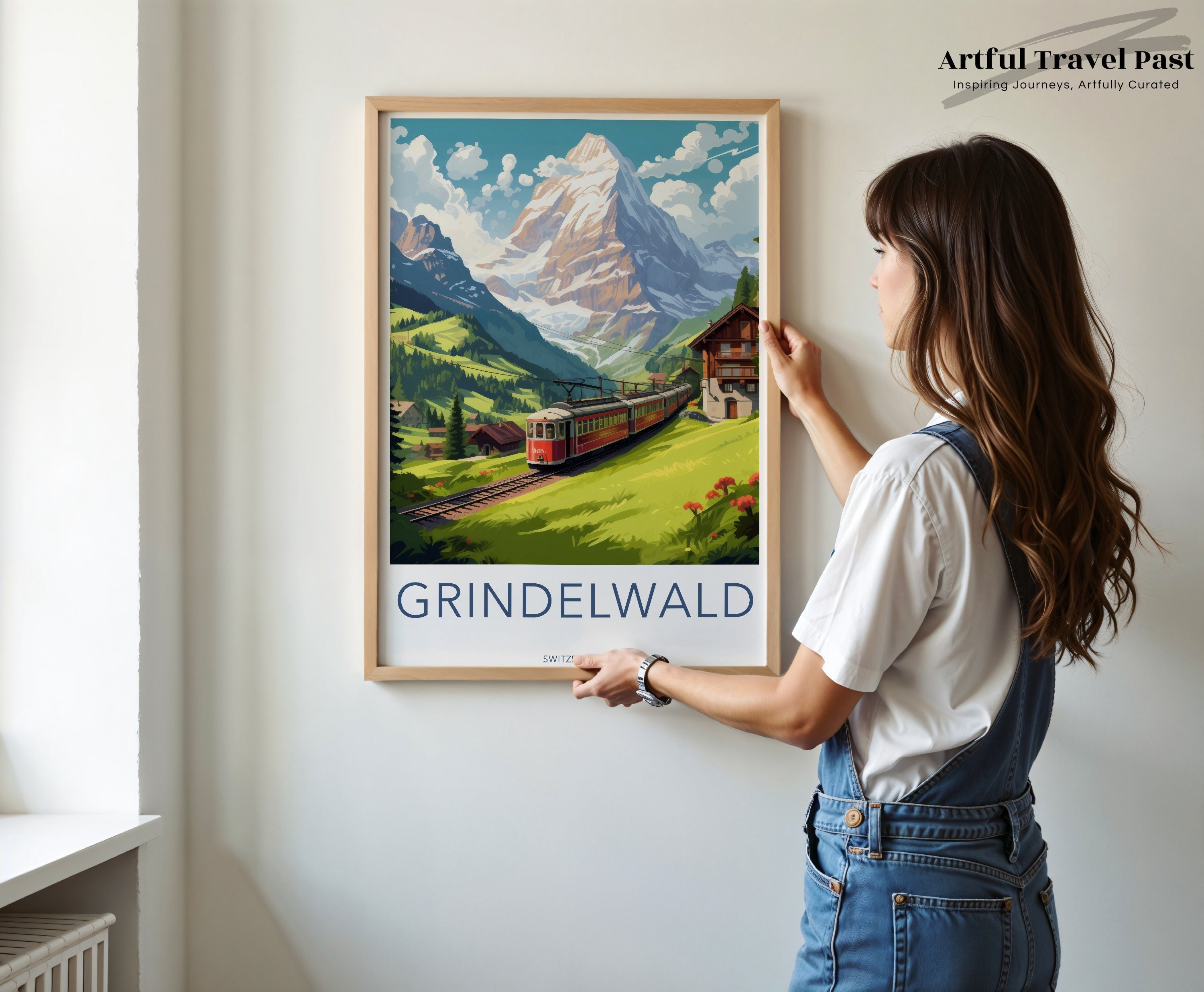 Grindelwald Switzerland Wall Art, Vintage Travel Poster, Mountain Landscape Print, Alpine Train Decor, European Scenic Decor