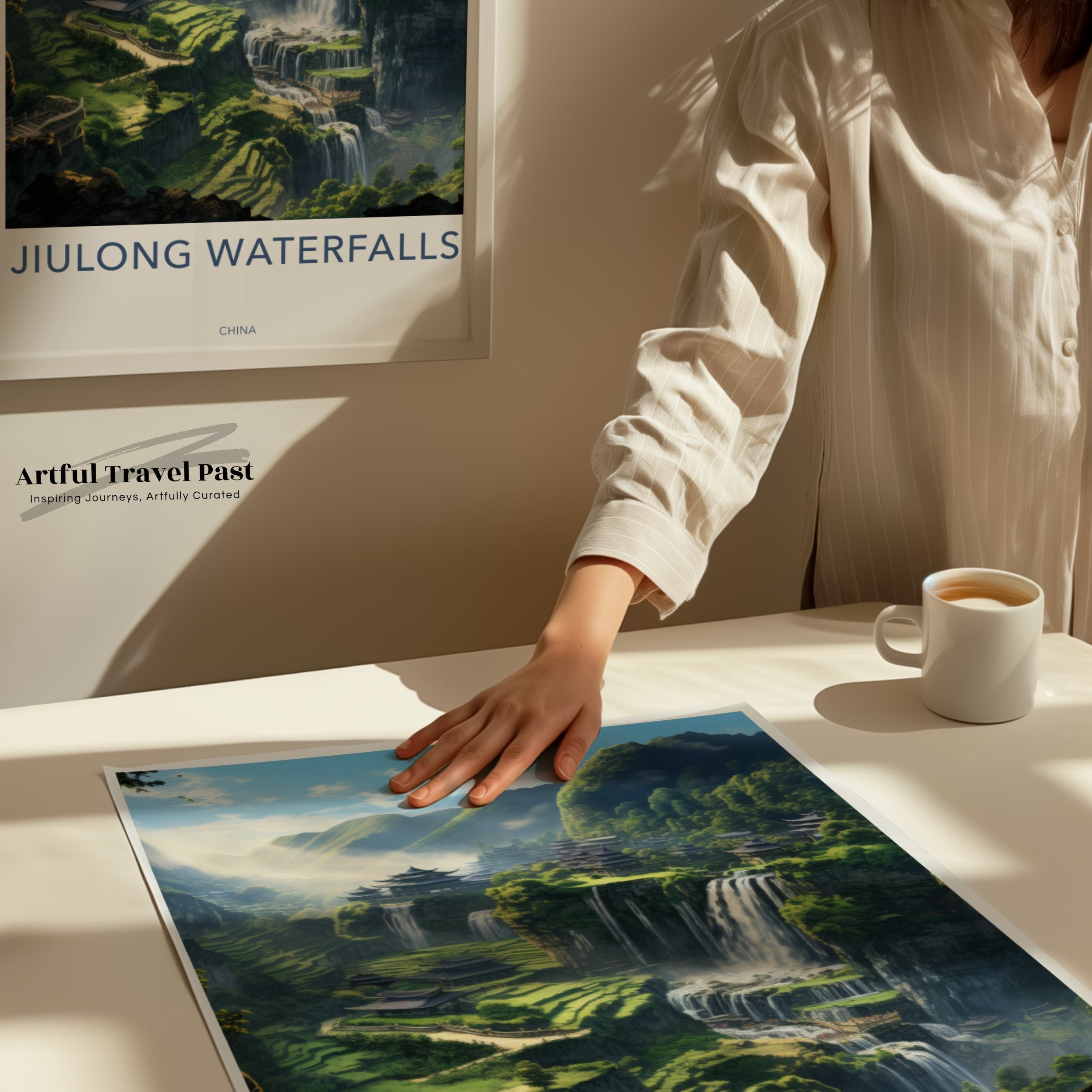 Jiulong Waterfalls Wall Art Print, Nature Landscape Decor, Chinese Scenery Poster, Serene Mountain View, Beautiful Waterfall