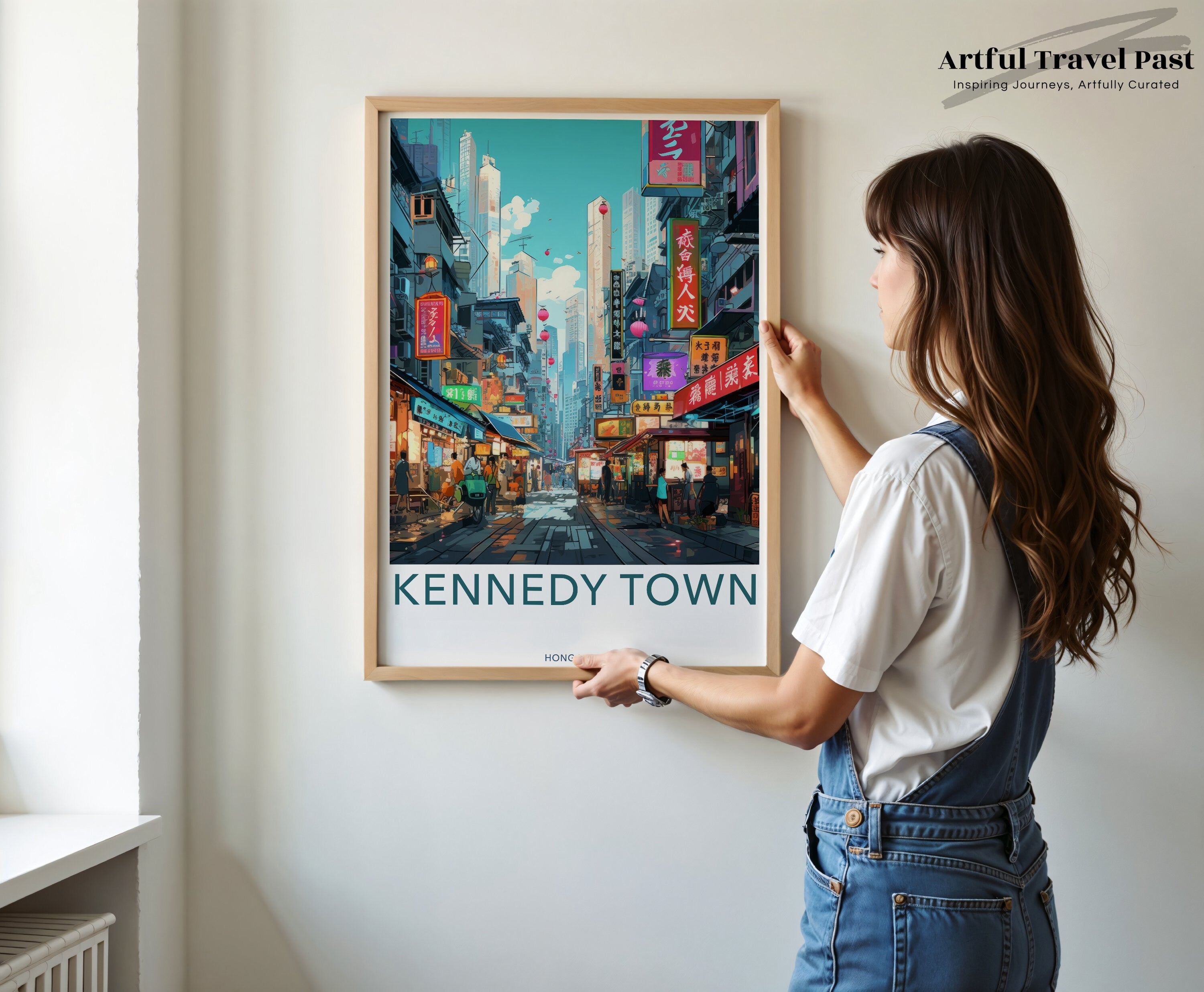 Cityscape wall art, Hong Kong street view, vibrant urban print, modern city decor, Kennedy Town poster, colorful skyline artwork