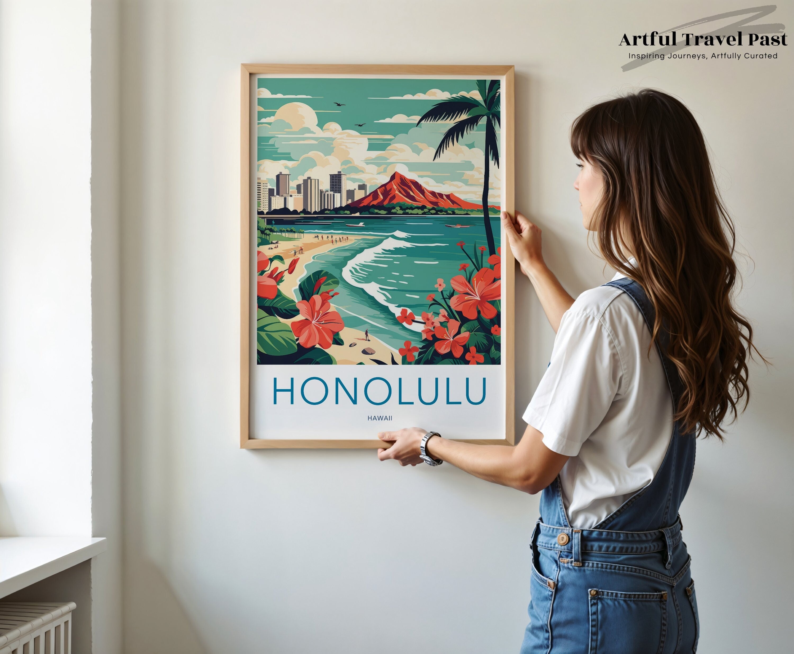 Vintage Honolulu Hawaii Travel Poster, Retro Beach Wall Art, Colorful Ocean Scene Print, Tropical Decor, Coastal Artwork