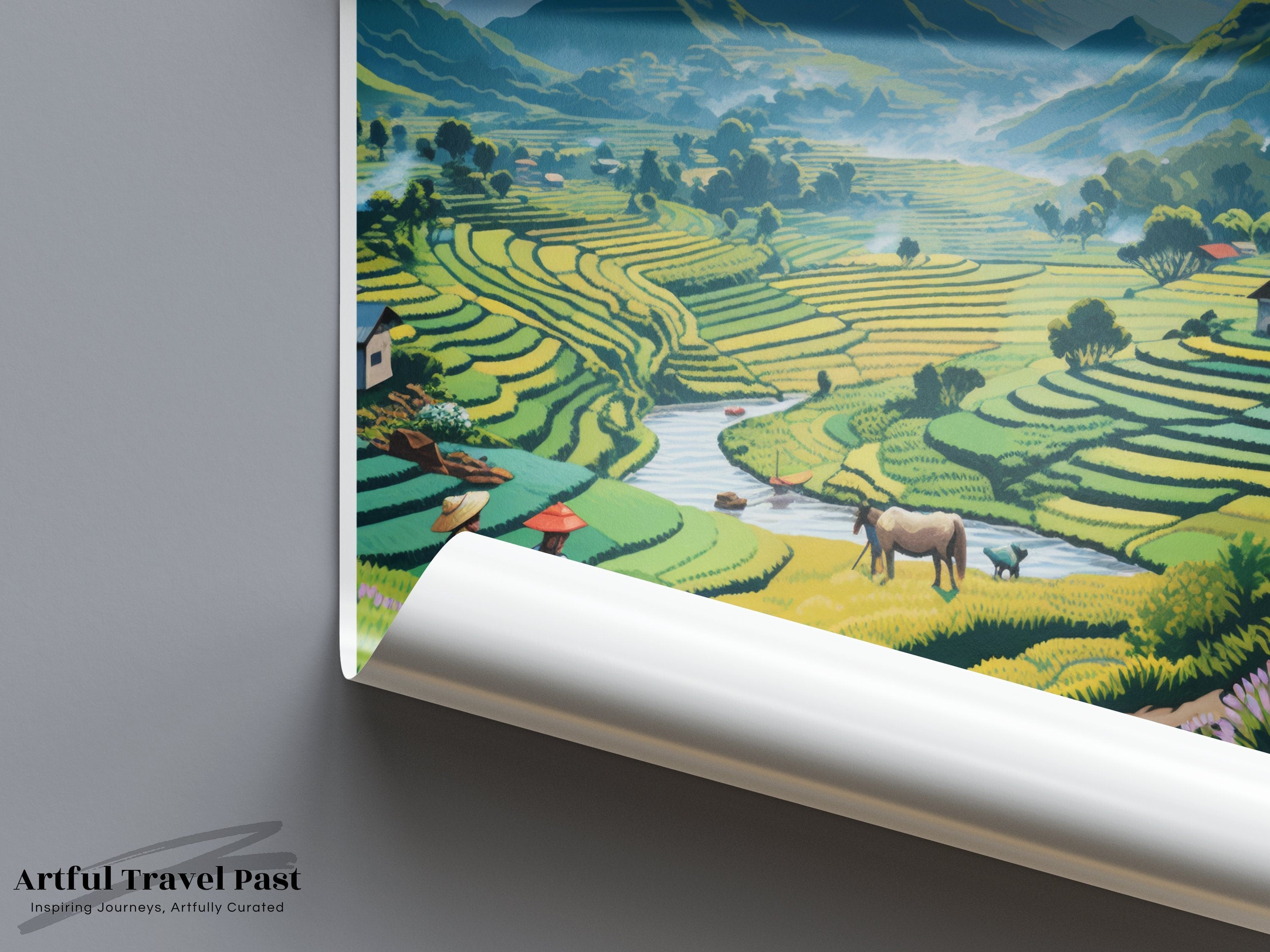 Southeast Asian mountain landscape wall art, Vietnam rice terraces print, pastoral countryside decor, farmer and animals