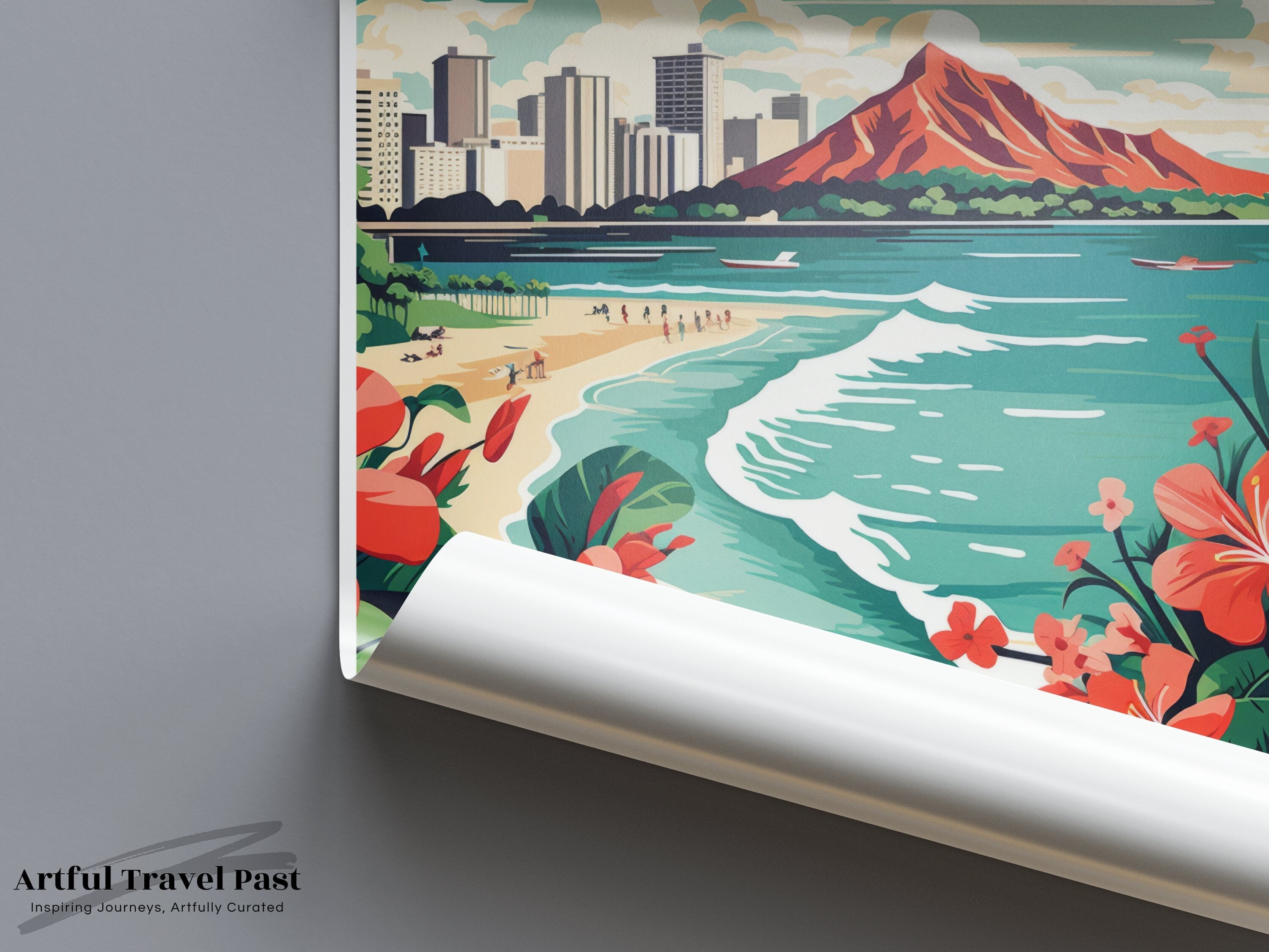 Vintage Honolulu Hawaii Travel Poster, Retro Beach Wall Art, Colorful Ocean Scene Print, Tropical Decor, Coastal Artwork