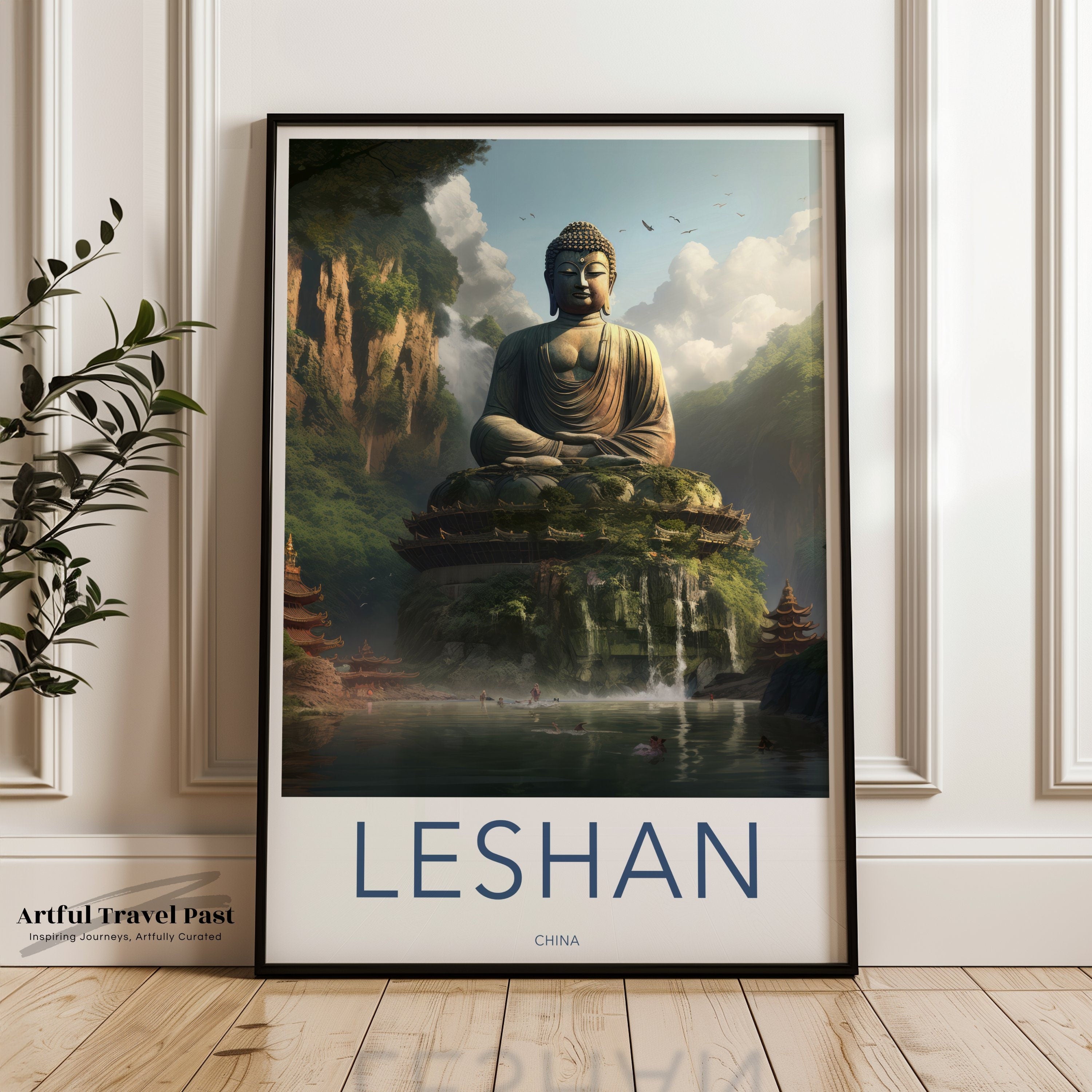 Leshan Wall Art Print, Tranquil Buddha Scenic Poster, Serene Chinese Landmark Decor, Large Zen Buddhist Statue Picture