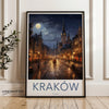 Krakow Night Street Wall Art, Poland Townscape Poster, Nighttime City Scene Print, Illuminated Historic District Decor, Moonlit Art