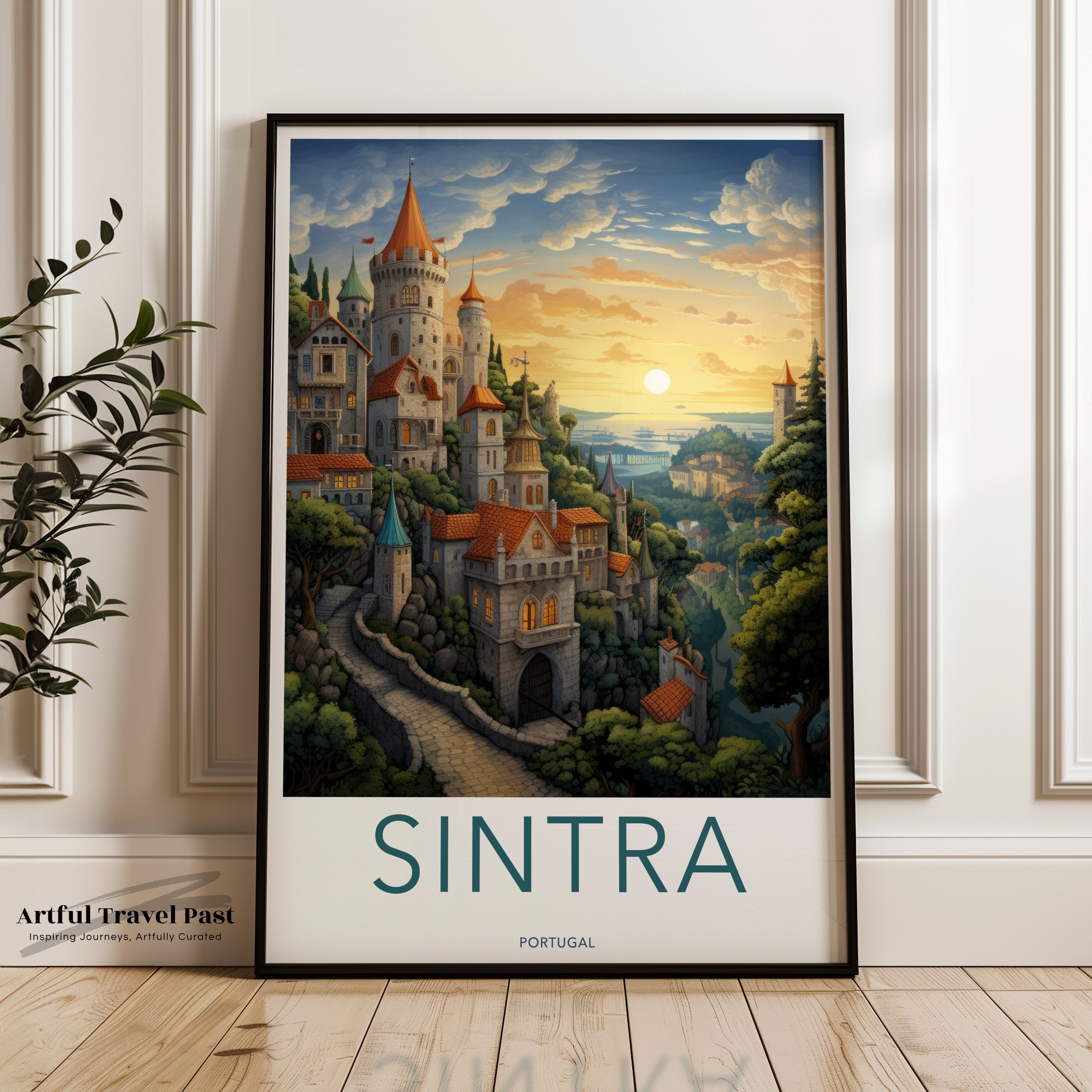 Sintra Portugal Scenic Wall Art Print, Sunset Fantasy Castle Landscape Poster, Dreamy Fairytale Illustration Decor