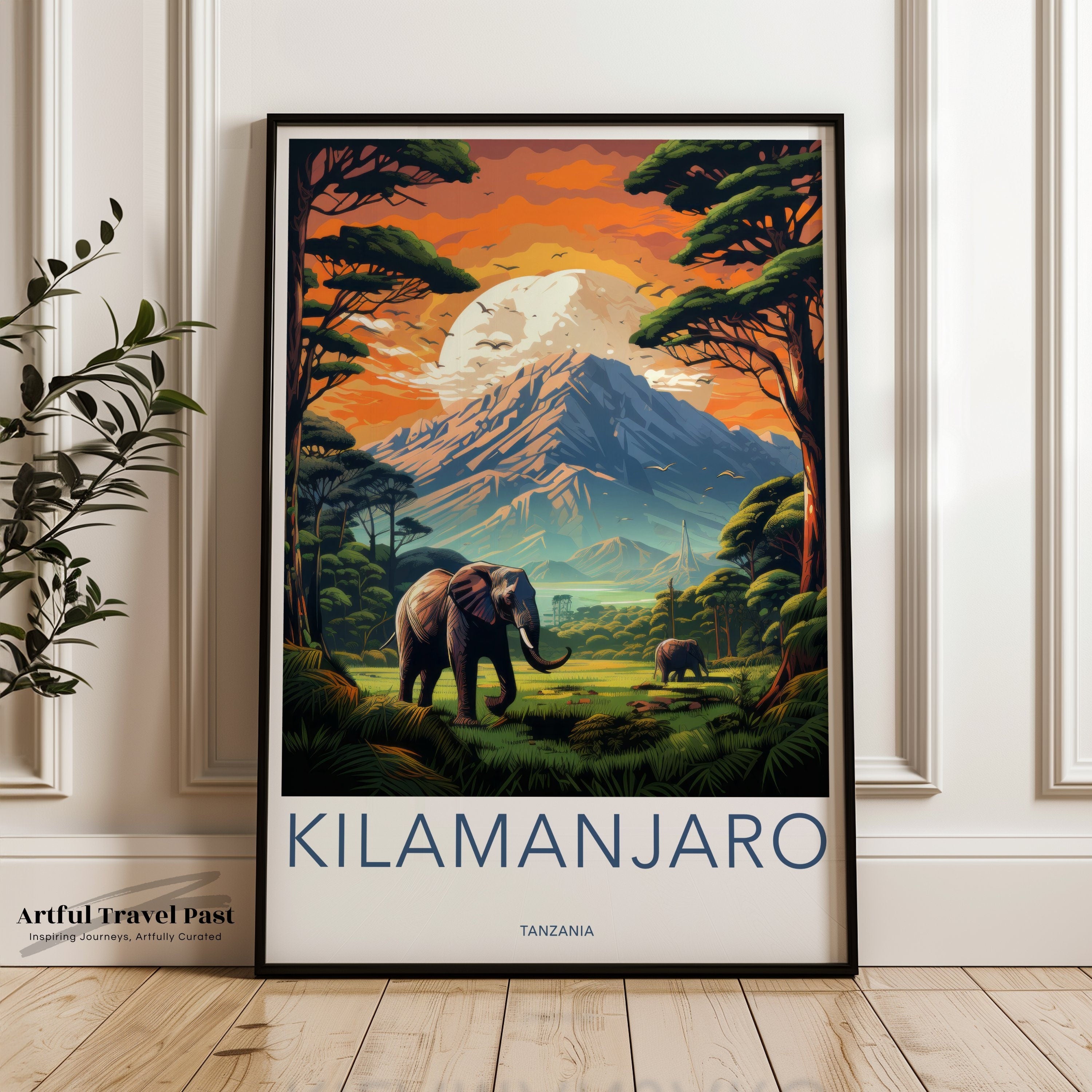 Kilimanjaro Wall Art Print, Tanzania Mountain Landscape Art, African Nature Decor, Elephant Wildlife Poster, Adventure Home Decor