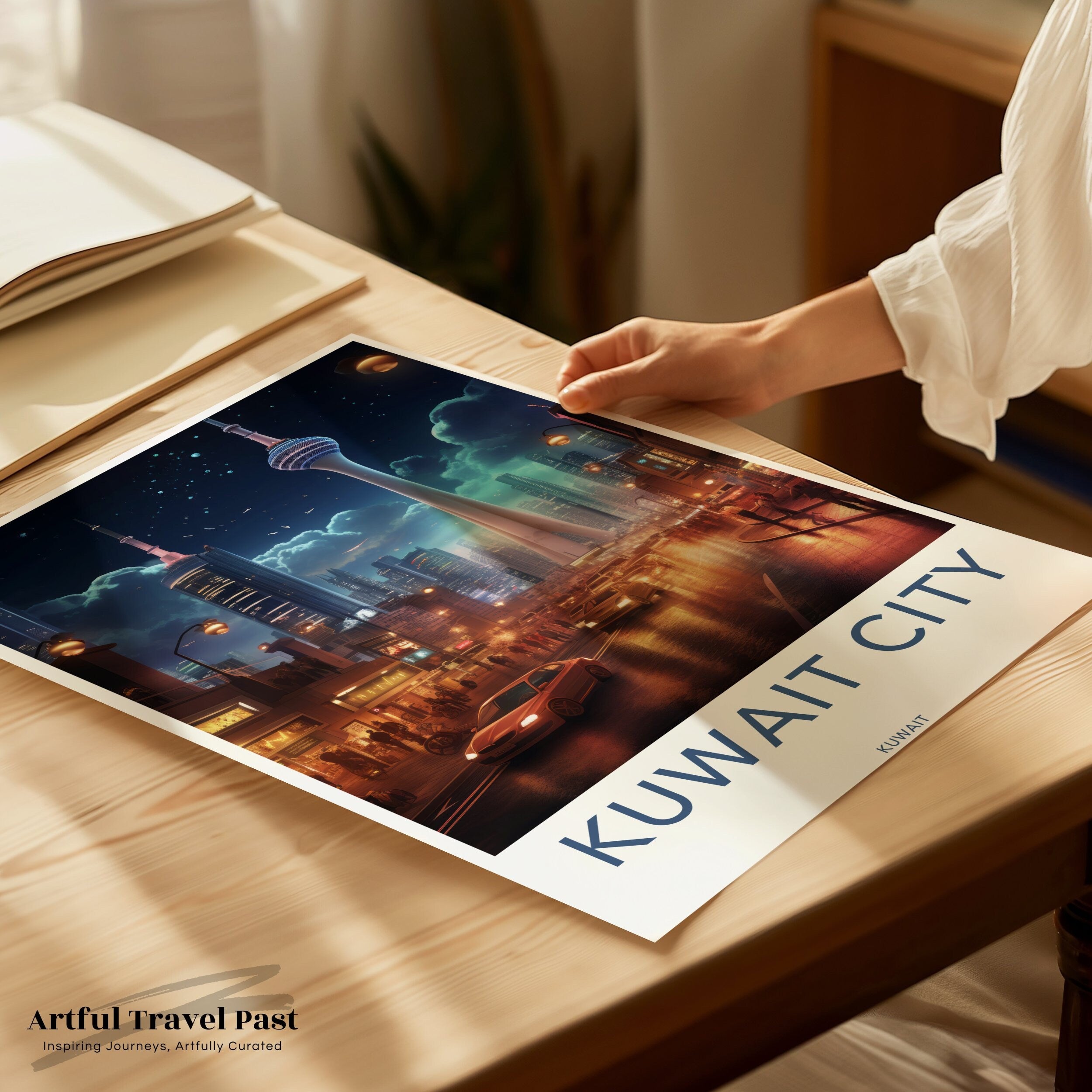 Kuwait City Skyline at Night Wall Art, Urban Landscape Nighttime Decor, Illuminated Towers and Streets, Modern Cityscape