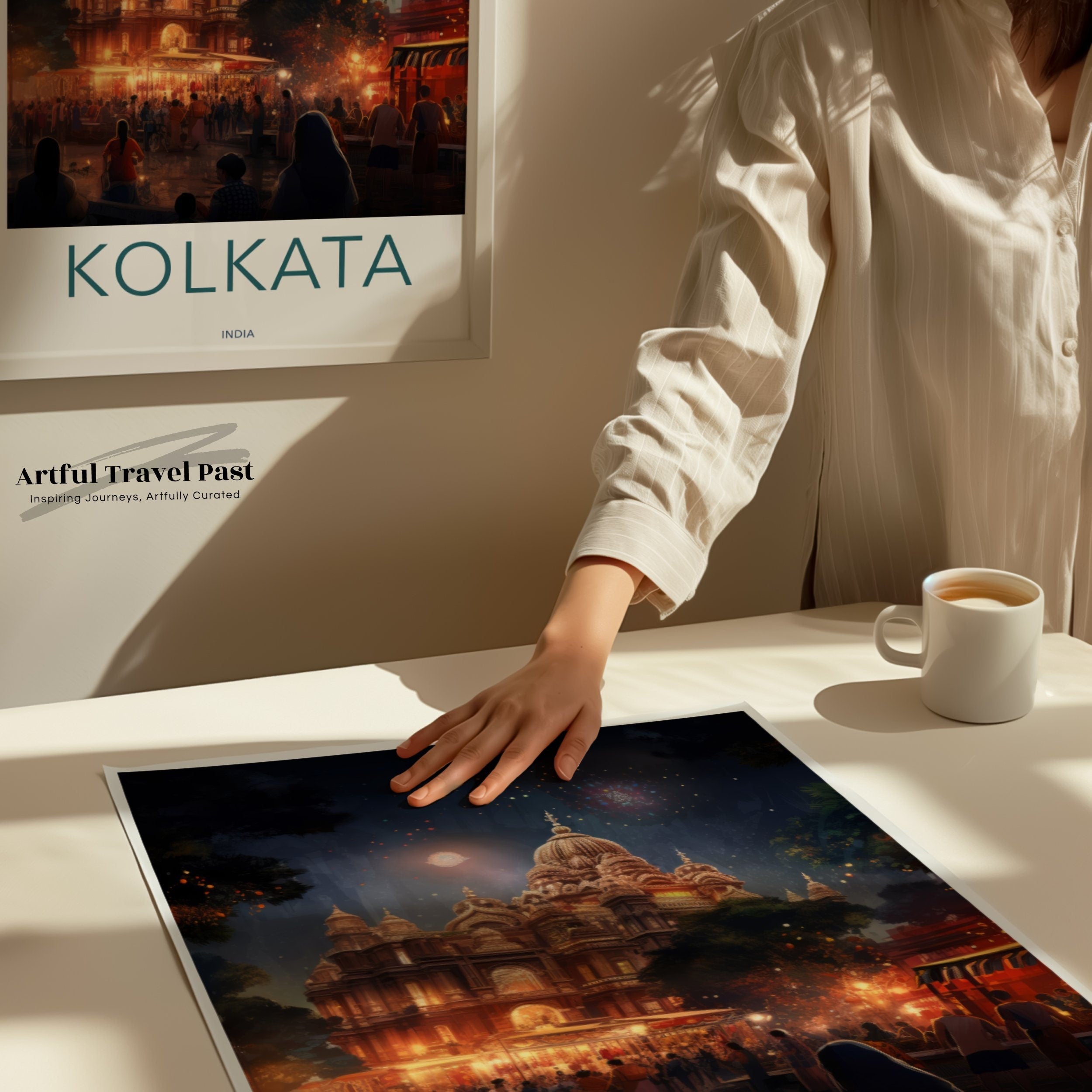 Kolkata India Night Scene Wall Art, Vibrant Cityscape Print, Illuminated Architecture Poster, Fireworks Temple Art Decor