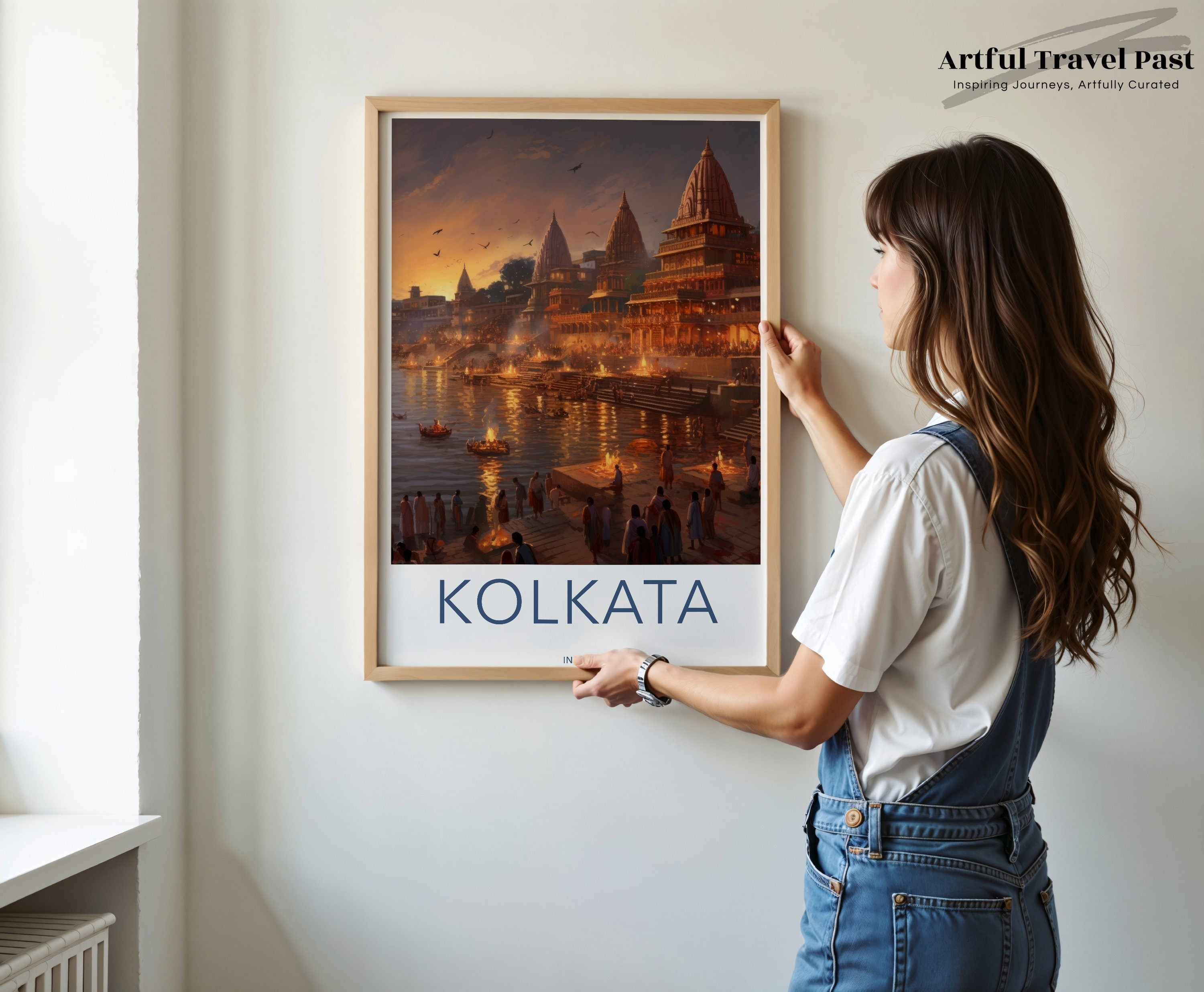 Kolkata sunset landscape wall art, India riverside evening scene, cityscape painting, spiritual journey, serene river view