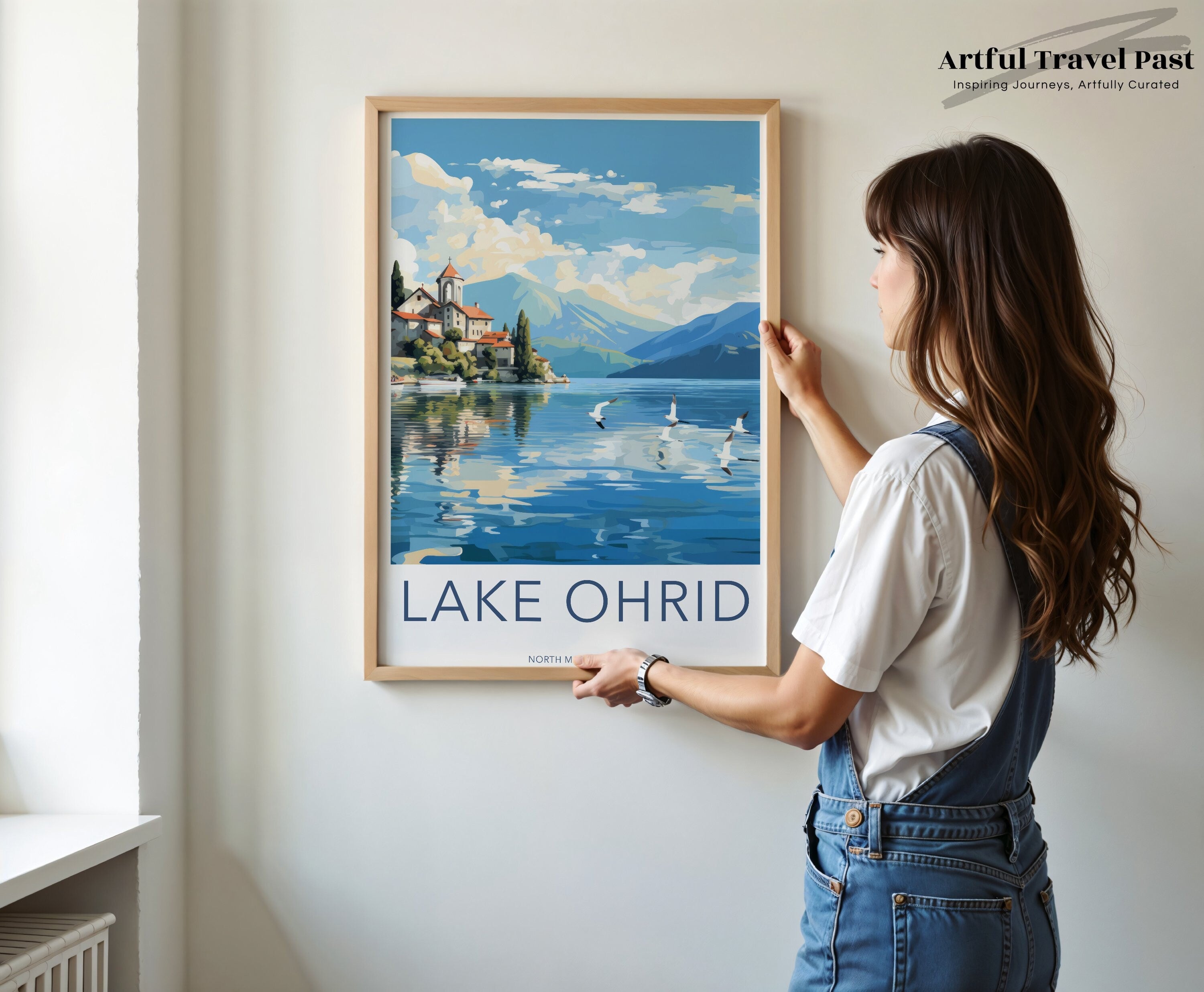 Lake Ohrid Wall Art, North Macedonia Scenic Print, Lake and Mountains Painting, Birds and Skyline Artwork, Coastal Decor