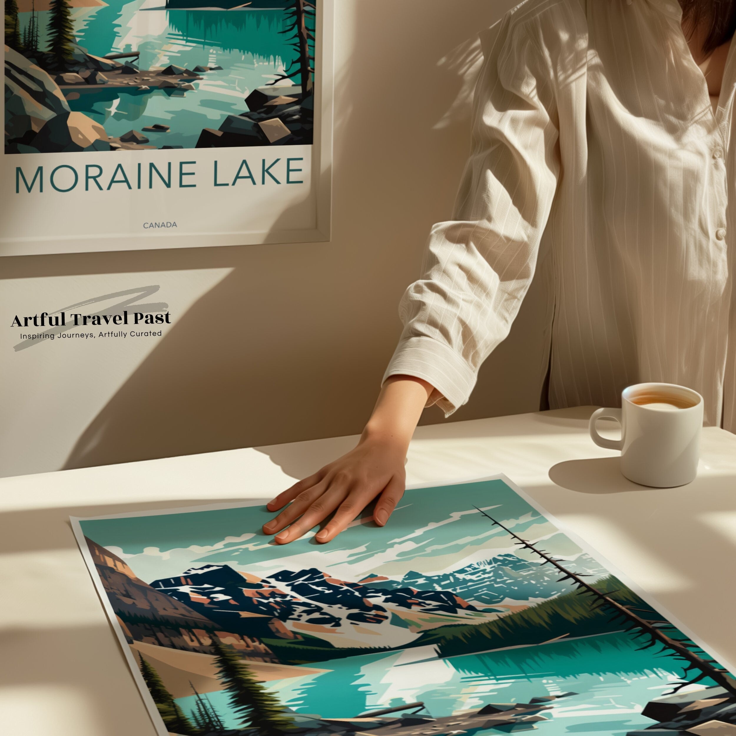 Moraine Lake Wall Art, Canada Landscape Poster, Mountain Print, Nature Artwork, Scenic View Decor, Wilderness Illustration, Lake Print