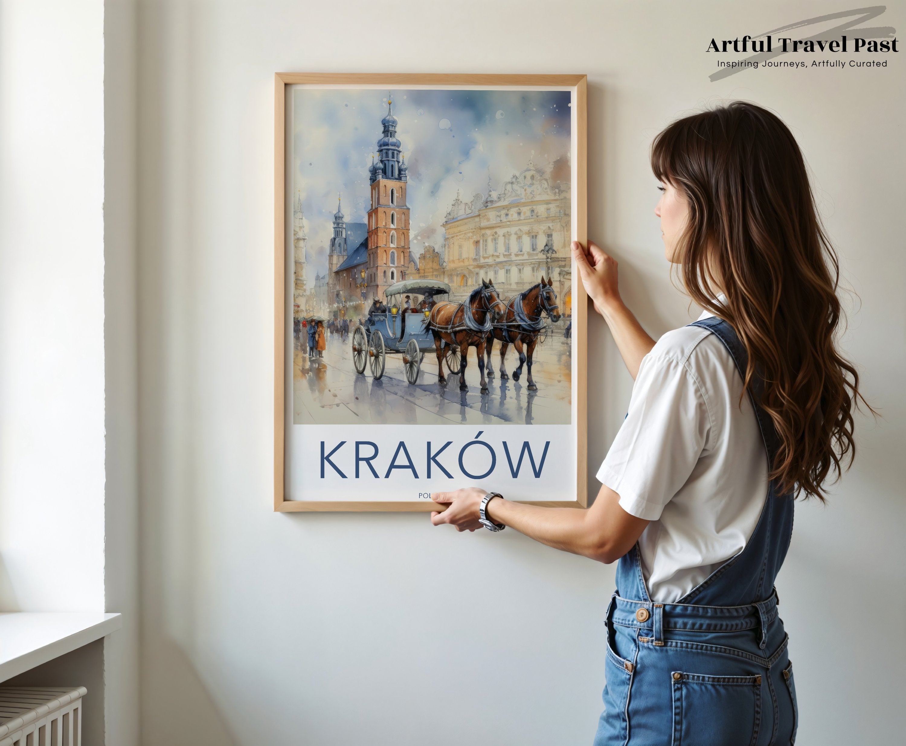 Krakow Wall Art, Poland Cityscape Print, Watercolor Painting, Vintage Horse Carriage, Old Town Street Scene, Travel Poster Decor