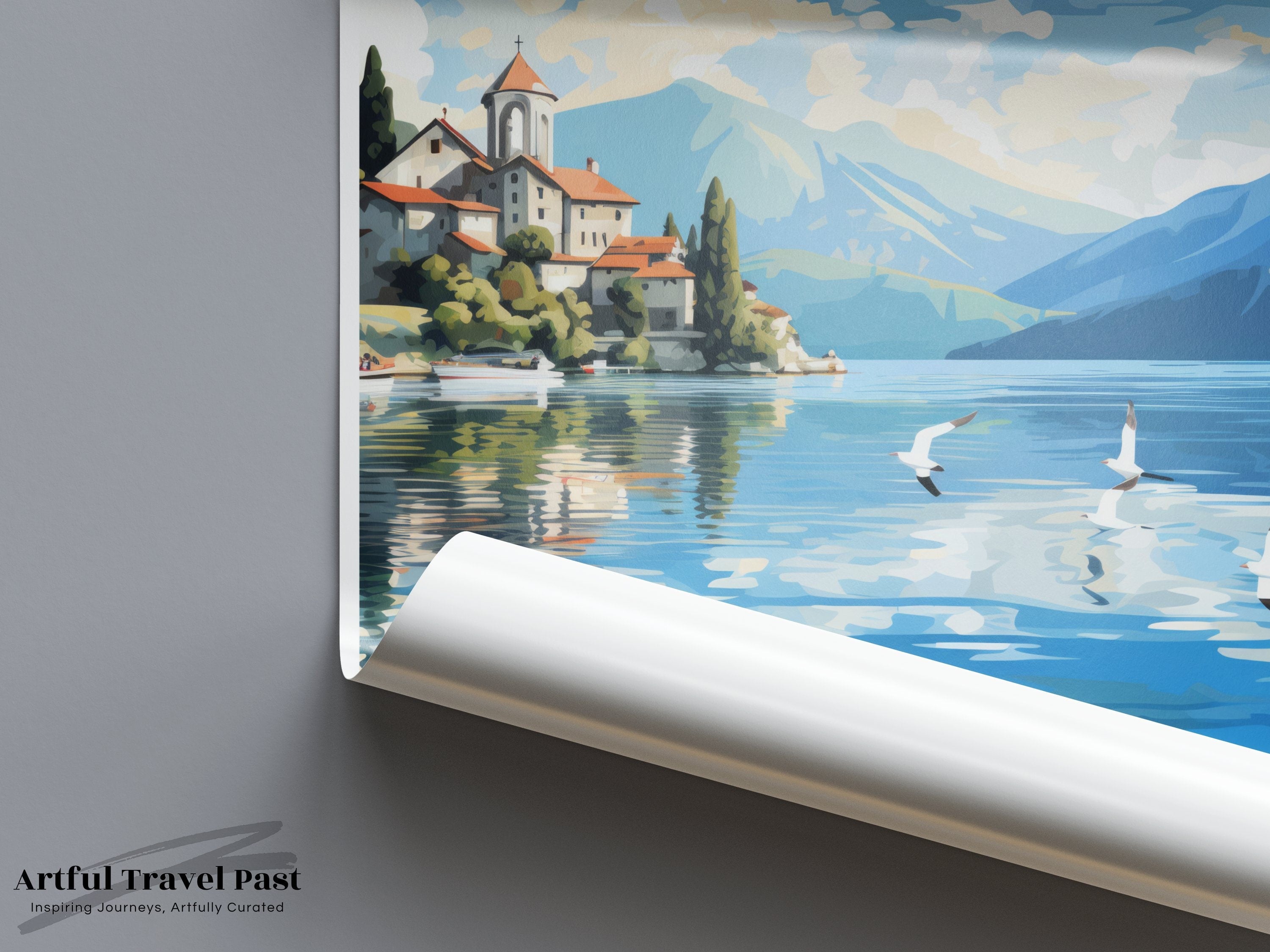 Lake Ohrid Wall Art, North Macedonia Scenic Print, Lake and Mountains Painting, Birds and Skyline Artwork, Coastal Decor