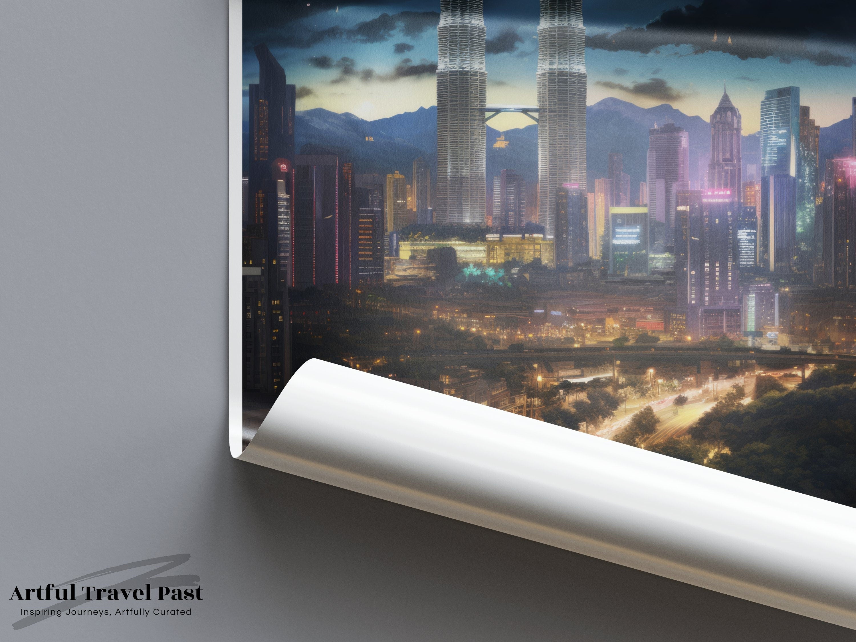 Kuala Lumpur cityscape wall art, vibrant city night view, Malaysia skyline print, modern city decor, urban nightscape poster