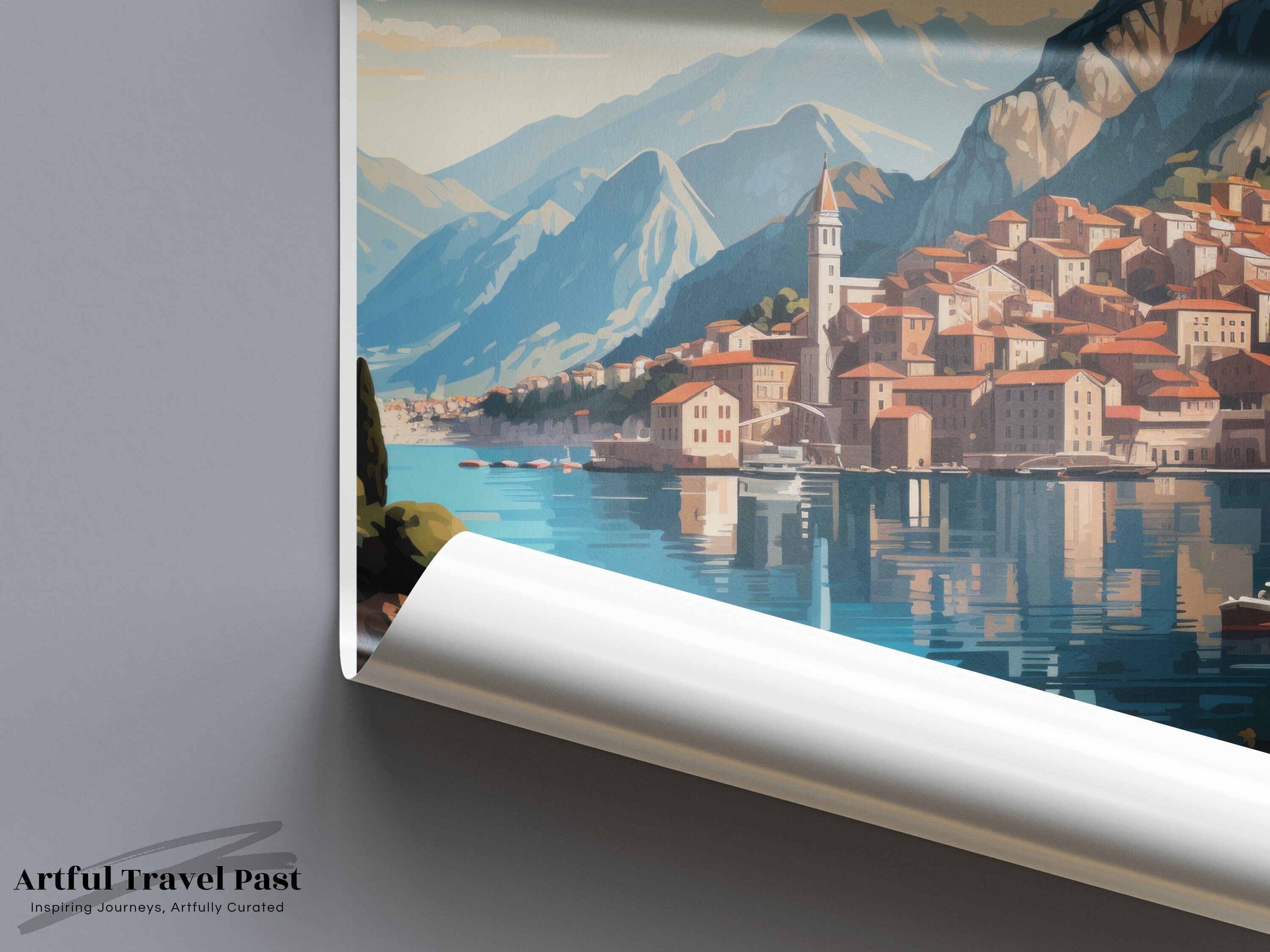 Scenic Kotor Montenegro Wall Art, Coastal Town Landscape Print, Mountainous Backdrop Artwork, Serene Waters and Architecture