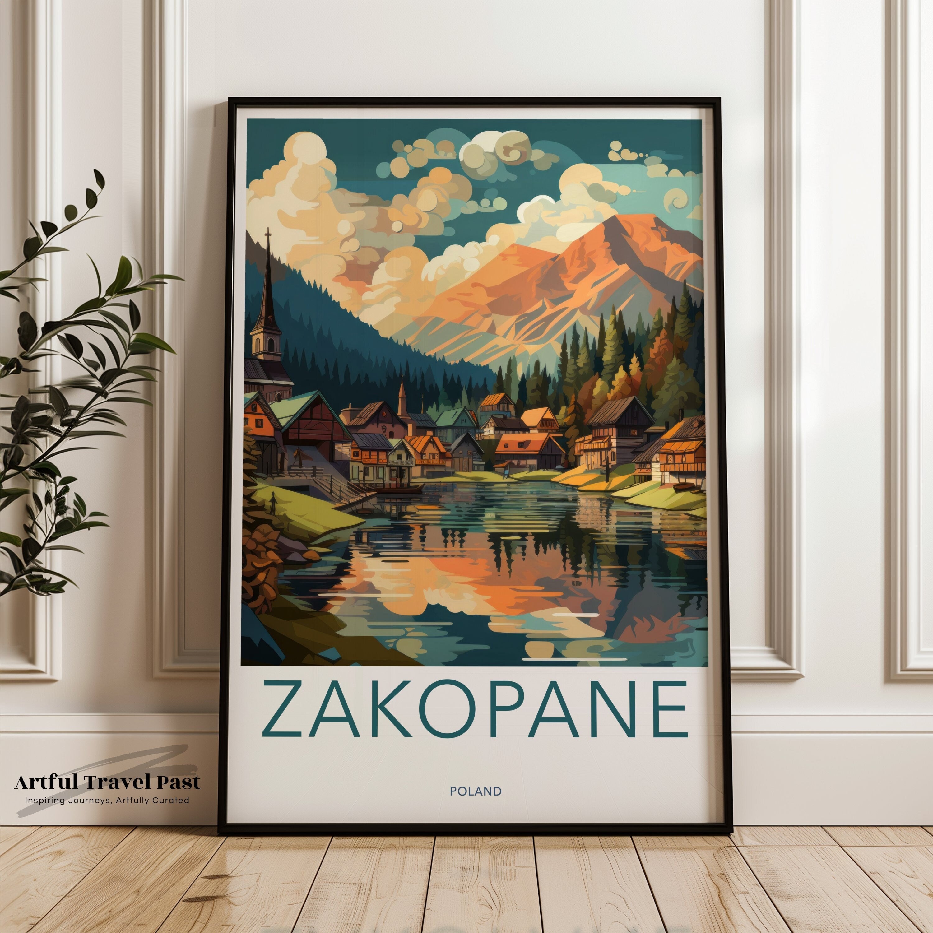 Zakopane Wall Art, Vintage Travel Poster, Mountain Village Print, Scenic Lake Artwork, Nordic Town Decor, Landscape Illustration