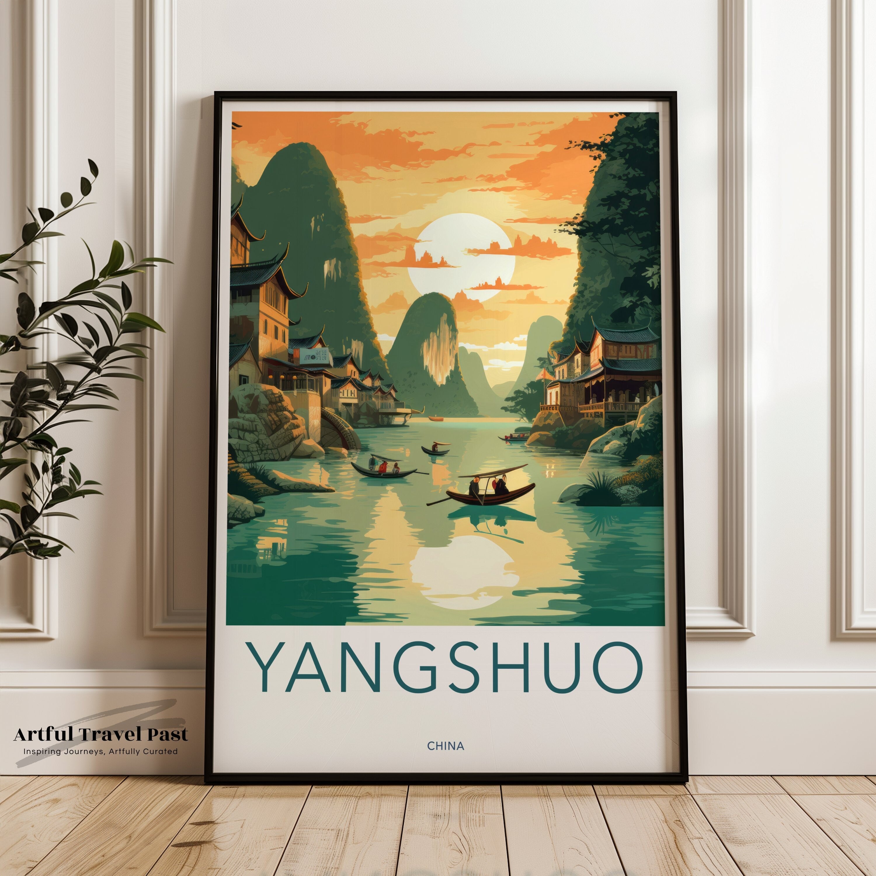 Yangshuo China Wall Art, Sunset River Reflection Poster, Scenic Mountain Landscape Print, Asian Travel Decor, Retro Style Artwork