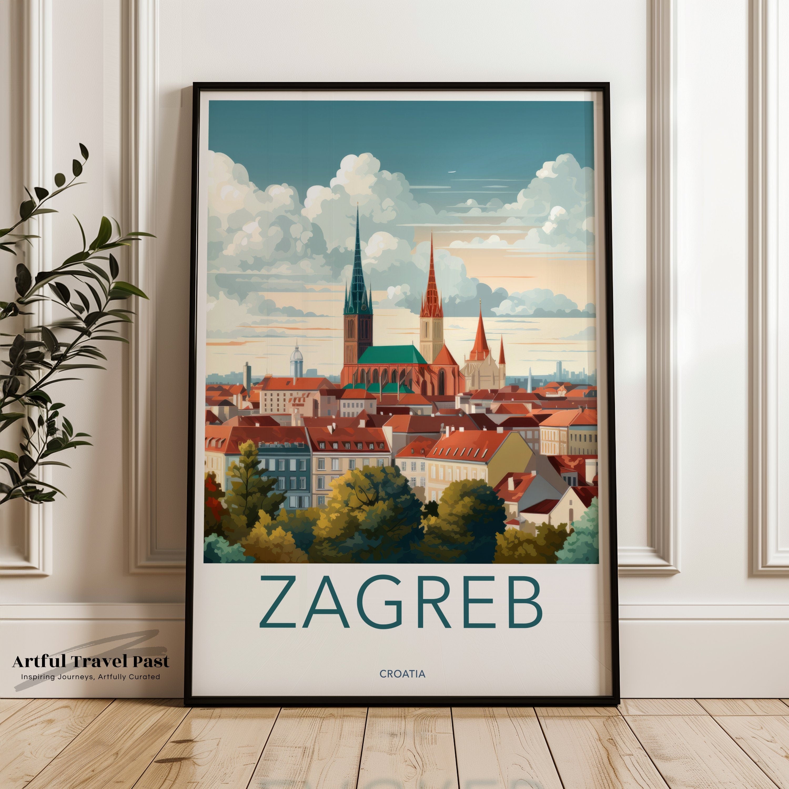 Zagreb Croatia cityscape wall art, vintage travel poster, European architecture print, retro Zagreb skyline decor, gift for travelers