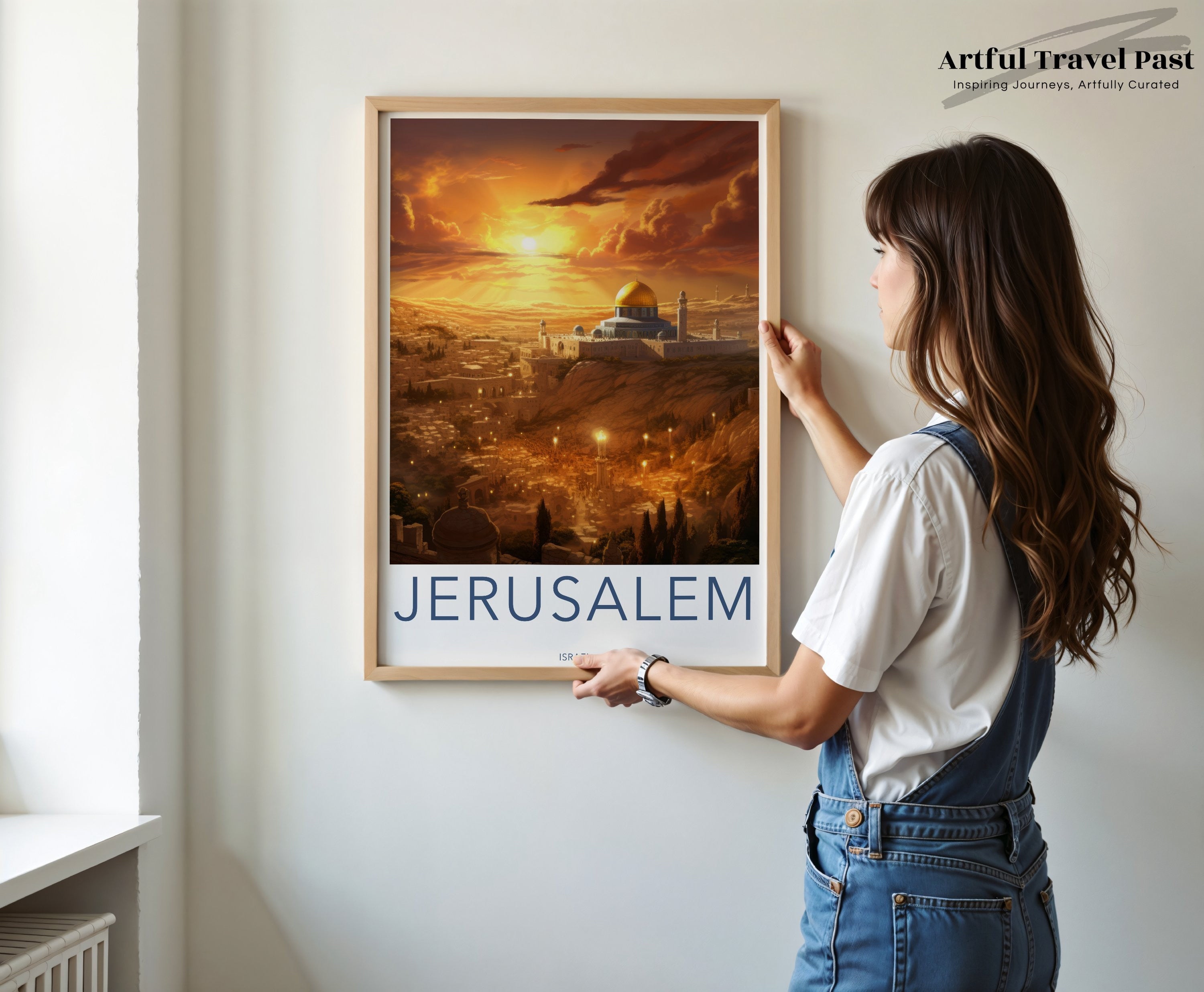 Jerusalem Sunset Wall Art, Old City Landscape Painting, Historical Decor Poster, Jerusalem Golden Dome Artwork, Israel Travel Print