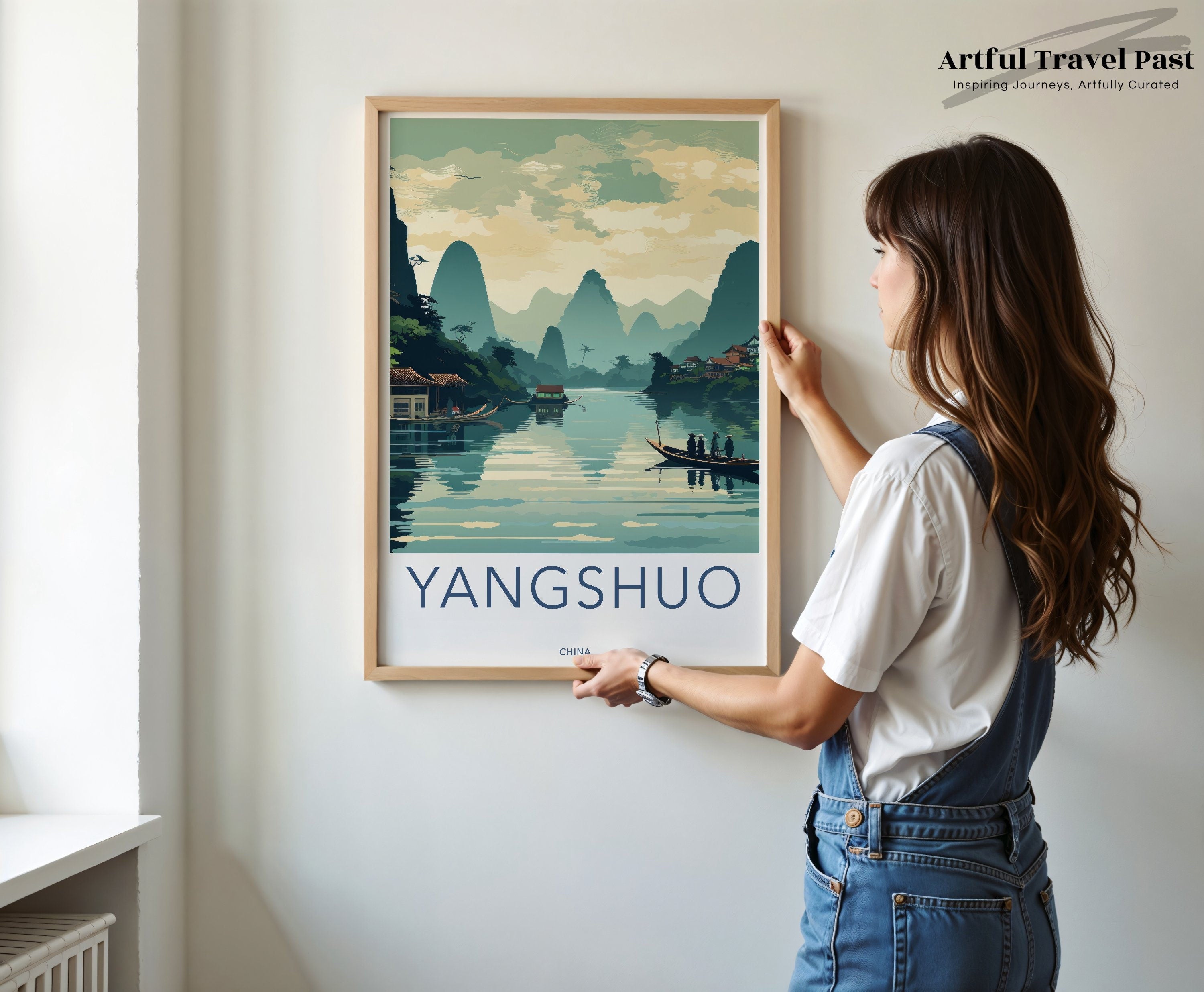 Yangshuo China wall art, Chinese landscape art print, tranquil scenery poster, Yangshuo mountains river view, travel decor