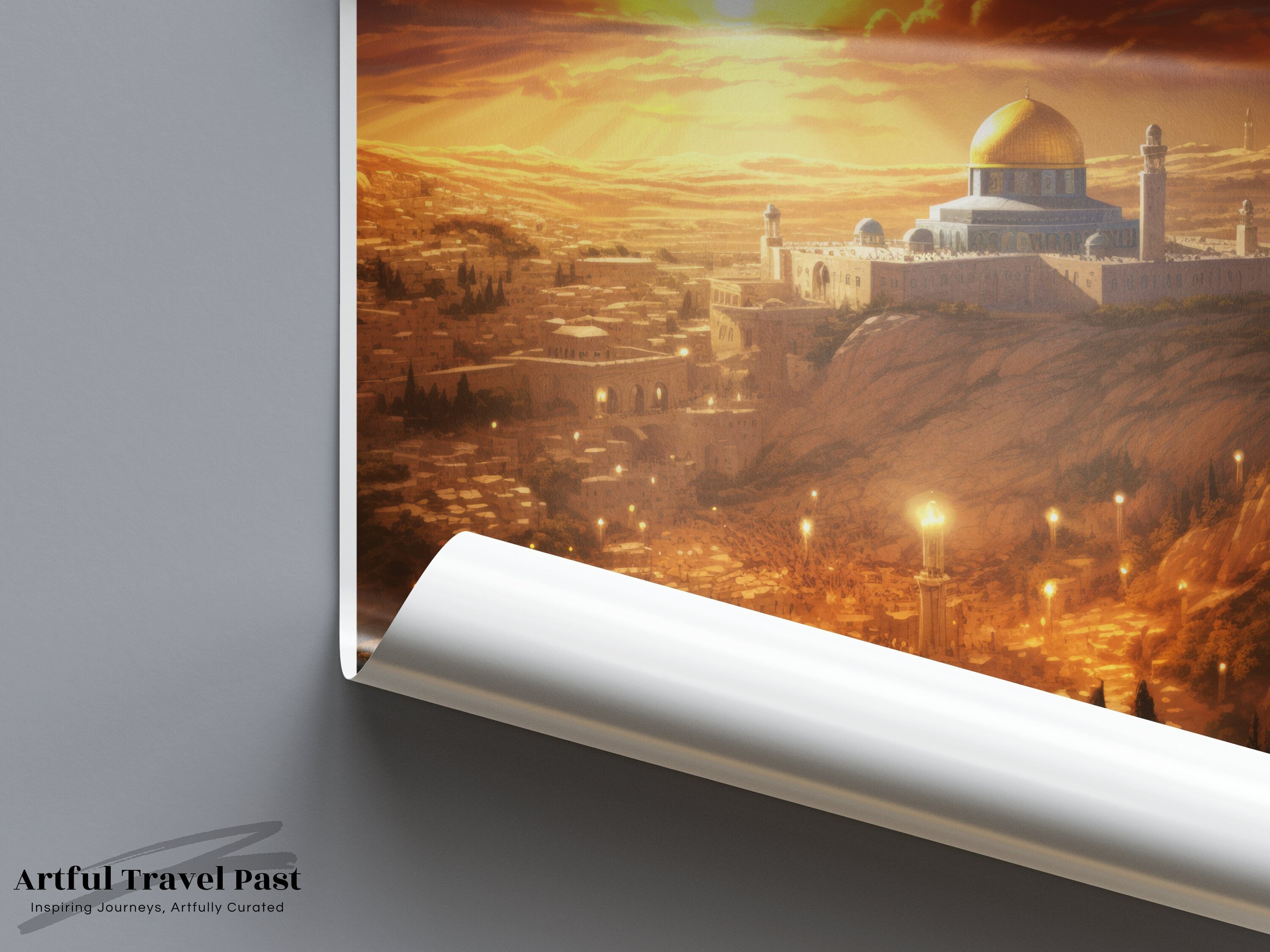 Jerusalem Sunset Wall Art, Old City Landscape Painting, Historical Decor Poster, Jerusalem Golden Dome Artwork, Israel Travel Print