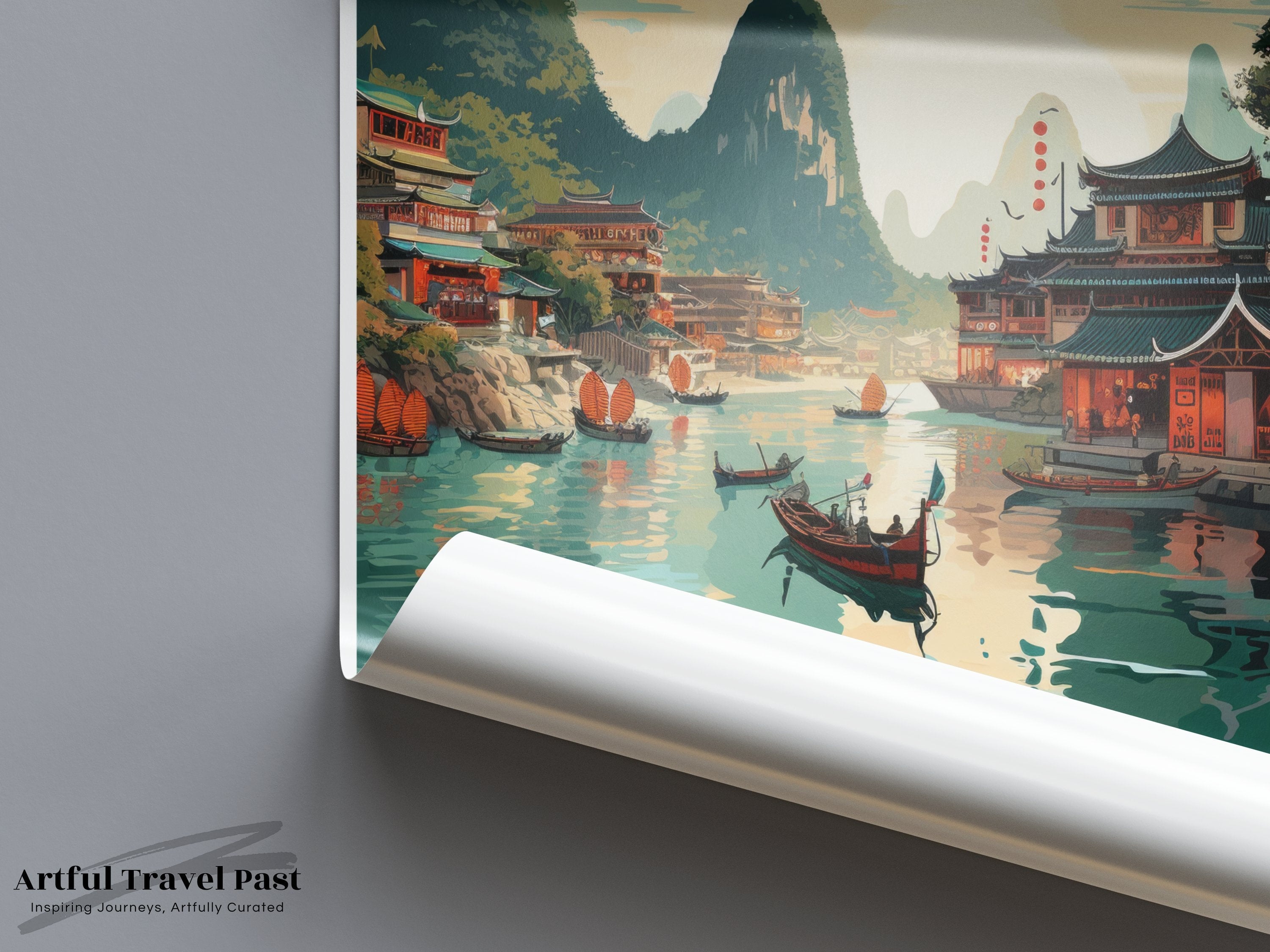 Yangshuo China Wall Art, Scenic Landscape Print, Asian Decor, Serene Waterfront Poster, Mountain and Water Views Art Prints