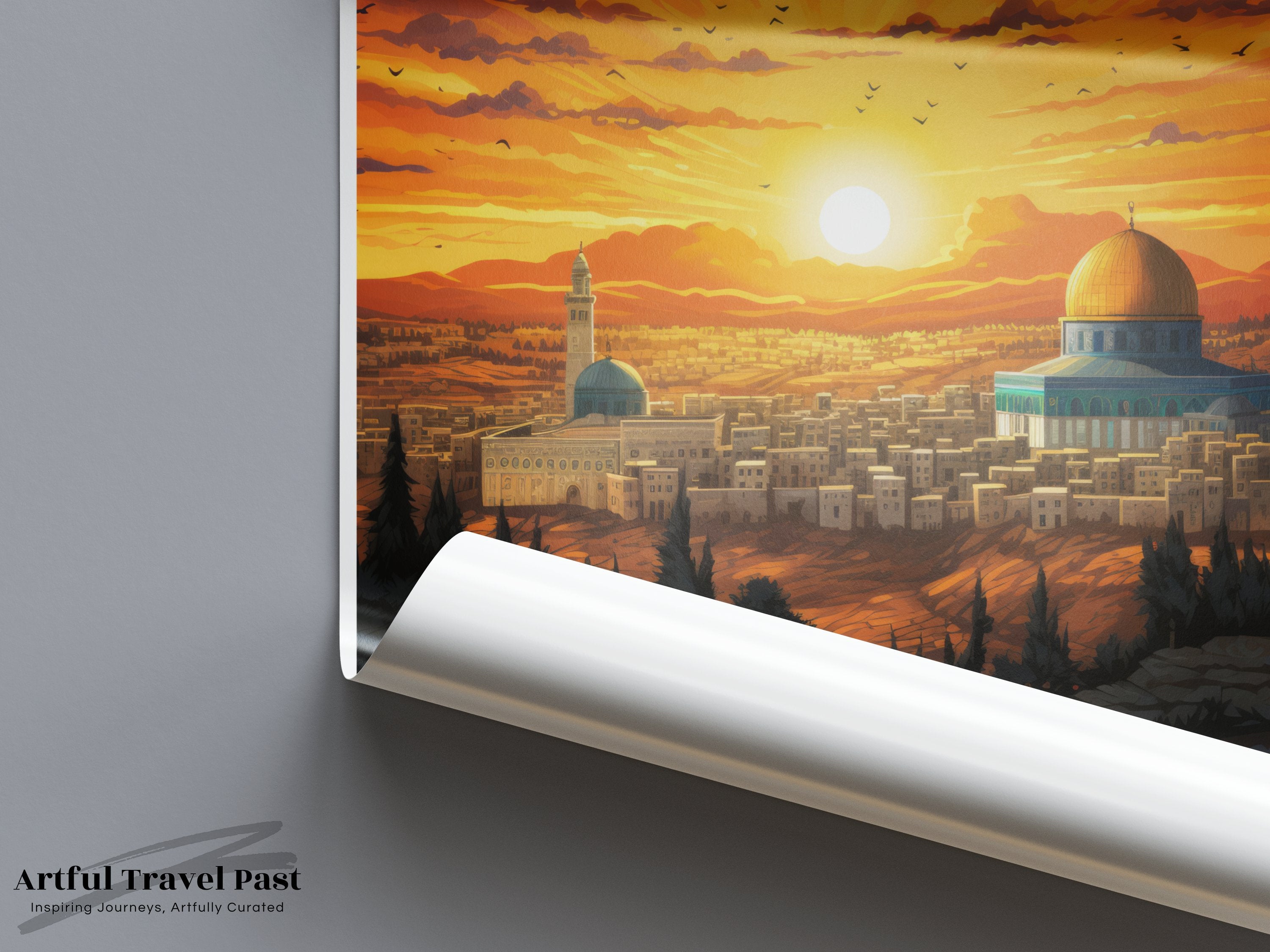 Jerusalem Cityscape Wall Art, Sunset over Jerusalem Print, Dome of the Rock Artwork, Israel Landscape Poster, Middle Eastern Decor