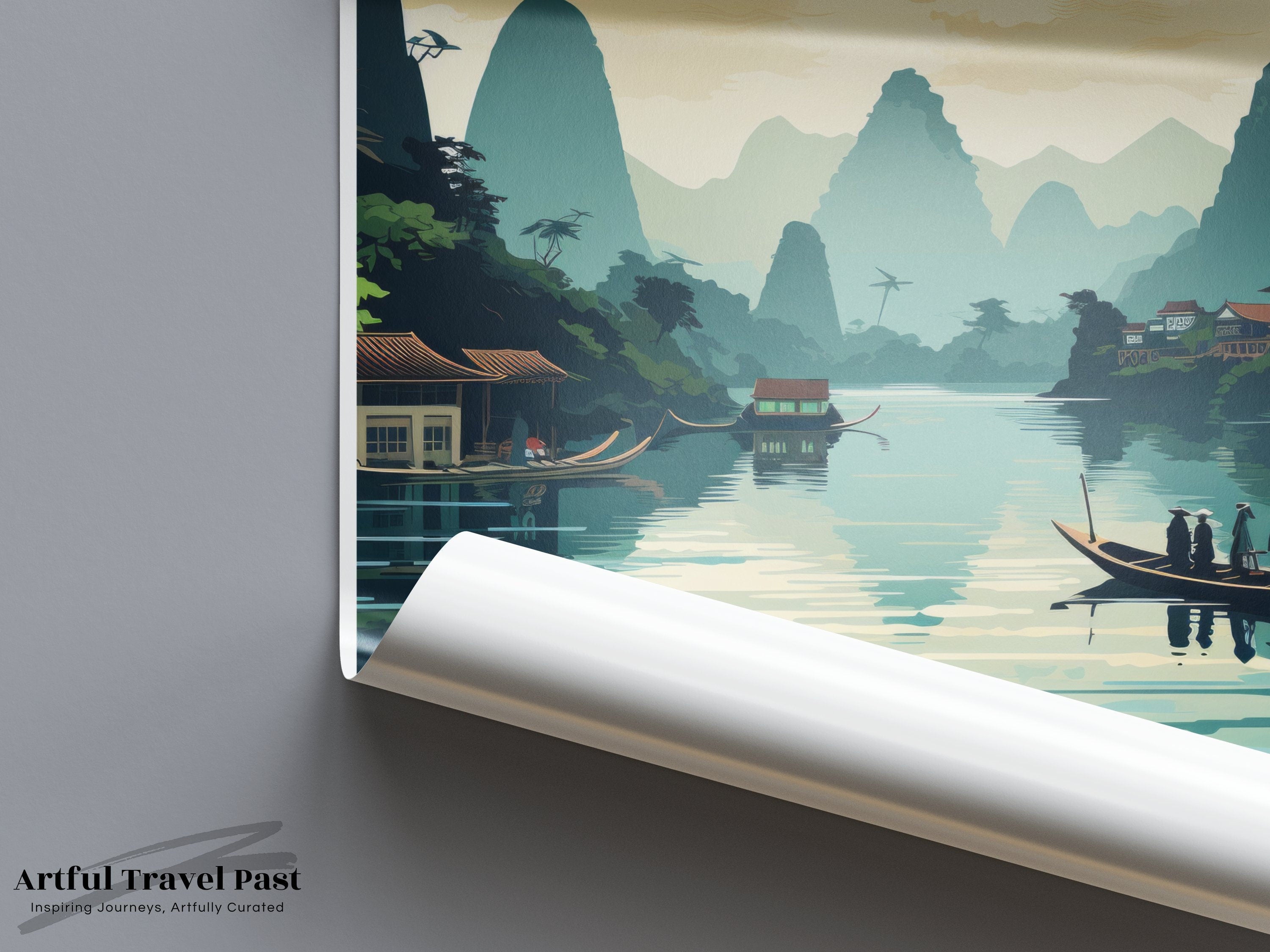 Yangshuo China wall art, Chinese landscape art print, tranquil scenery poster, Yangshuo mountains river view, travel decor