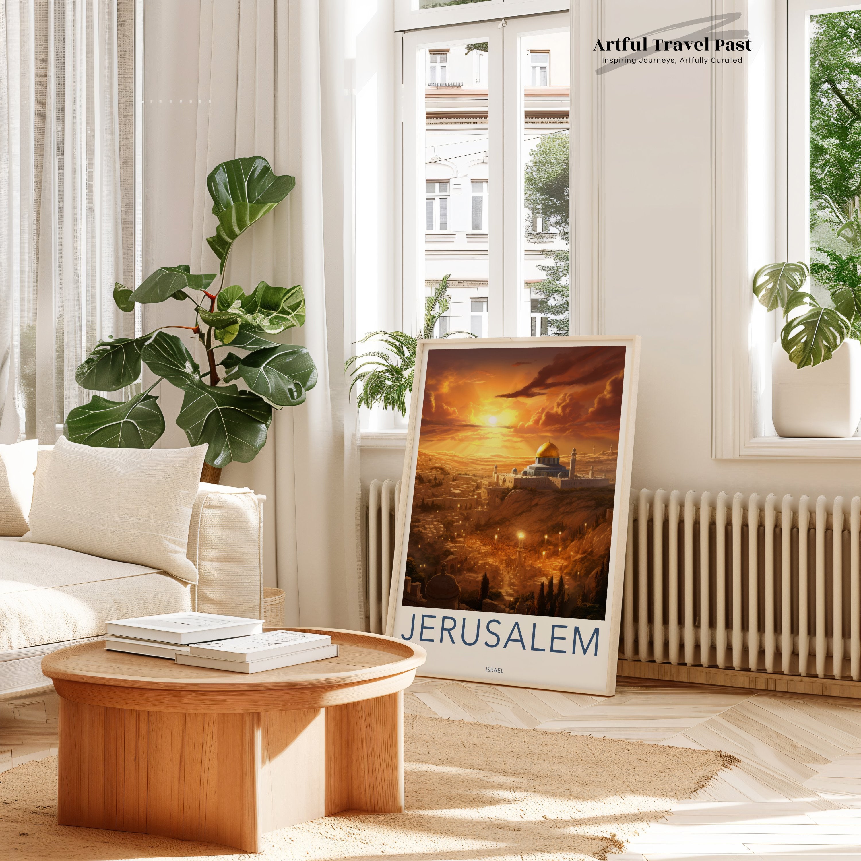 Jerusalem Sunset Wall Art, Old City Landscape Painting, Historical Decor Poster, Jerusalem Golden Dome Artwork, Israel Travel Print