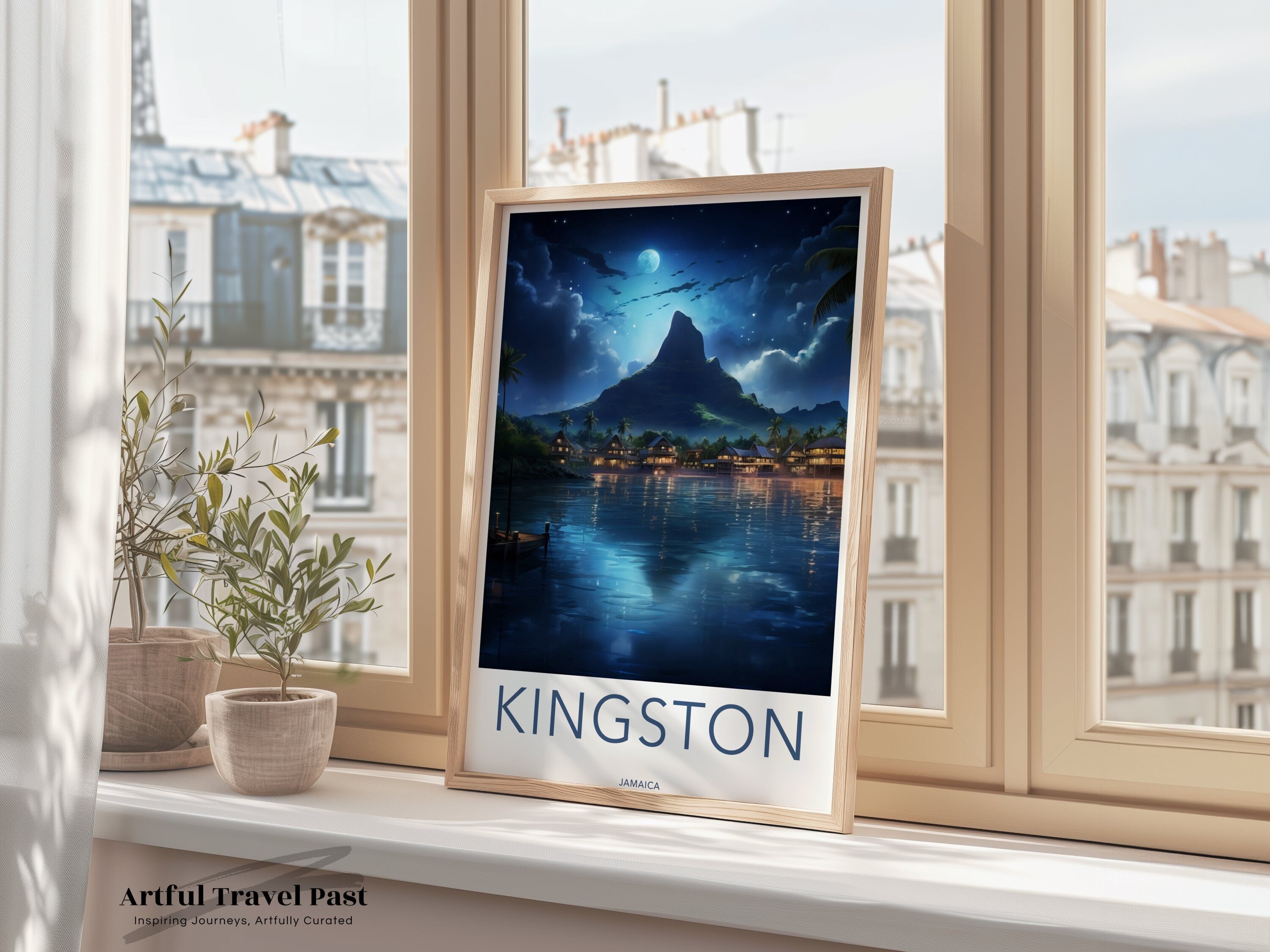 Kingston Jamaica Night Skyline, Stunning Mountain View Wall Art, Moonlit Waterfront Decor, Dreamy Island Nightscape, Caribbean Serenity