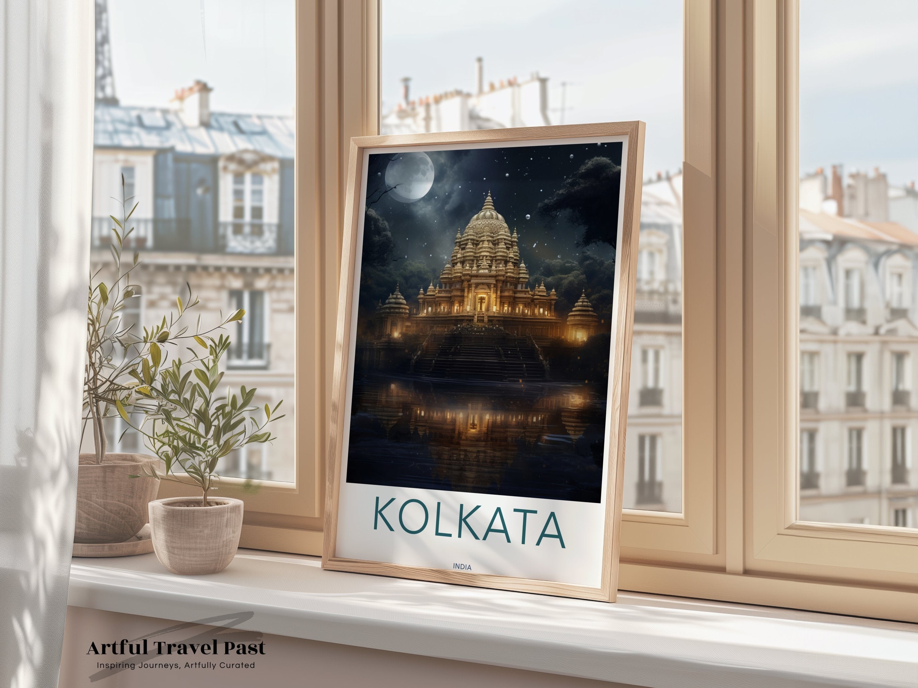 Stunning Kolkata Wall Art Print, Moonlit Temple Reflection, Illuminated Architecture, Nighttime Serenity, Cultural Landmark Art