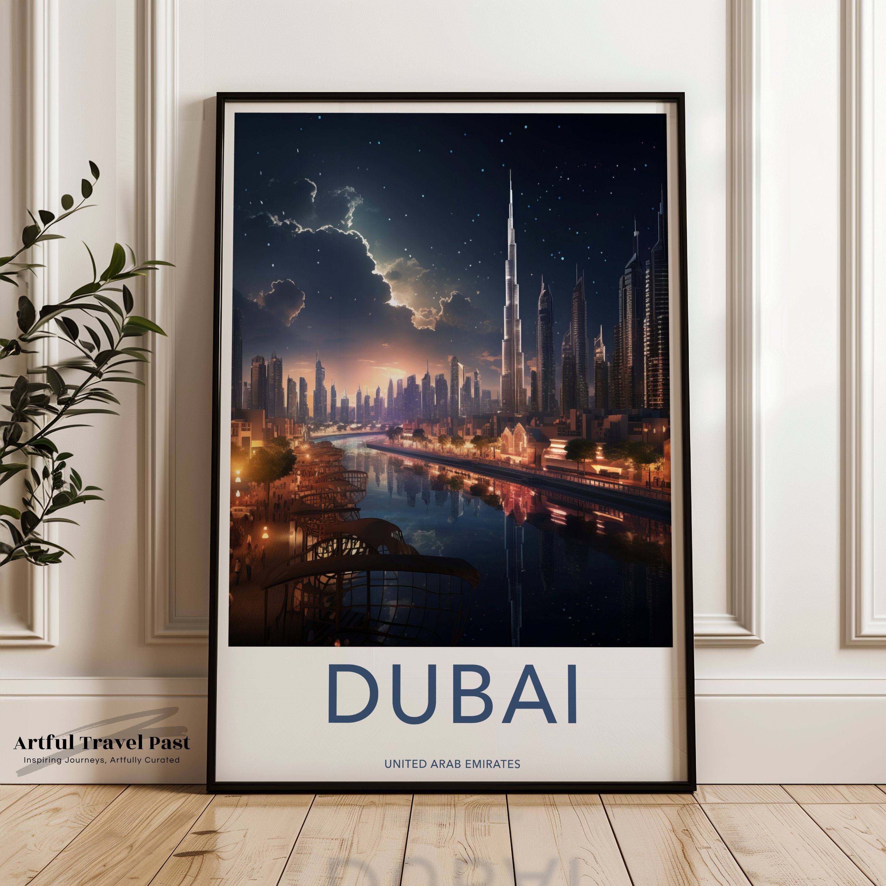 Dubai Framed Poster, Stunning Dubai Skyline Art, Night View of Dubai, United Arab Emirates Cityscape, Wall Decor