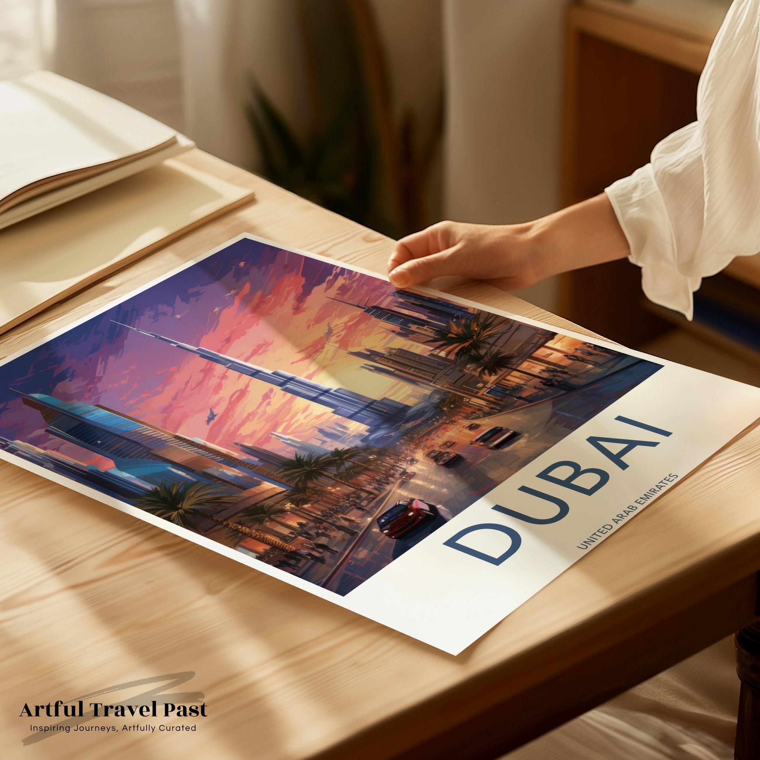 Dubai Skyline Framed Poster, Vibrant Cityscape Wall Art, Modern Architectural Decor, Dubai at Sunset, UAE Art Print, Iconic Landmark Print