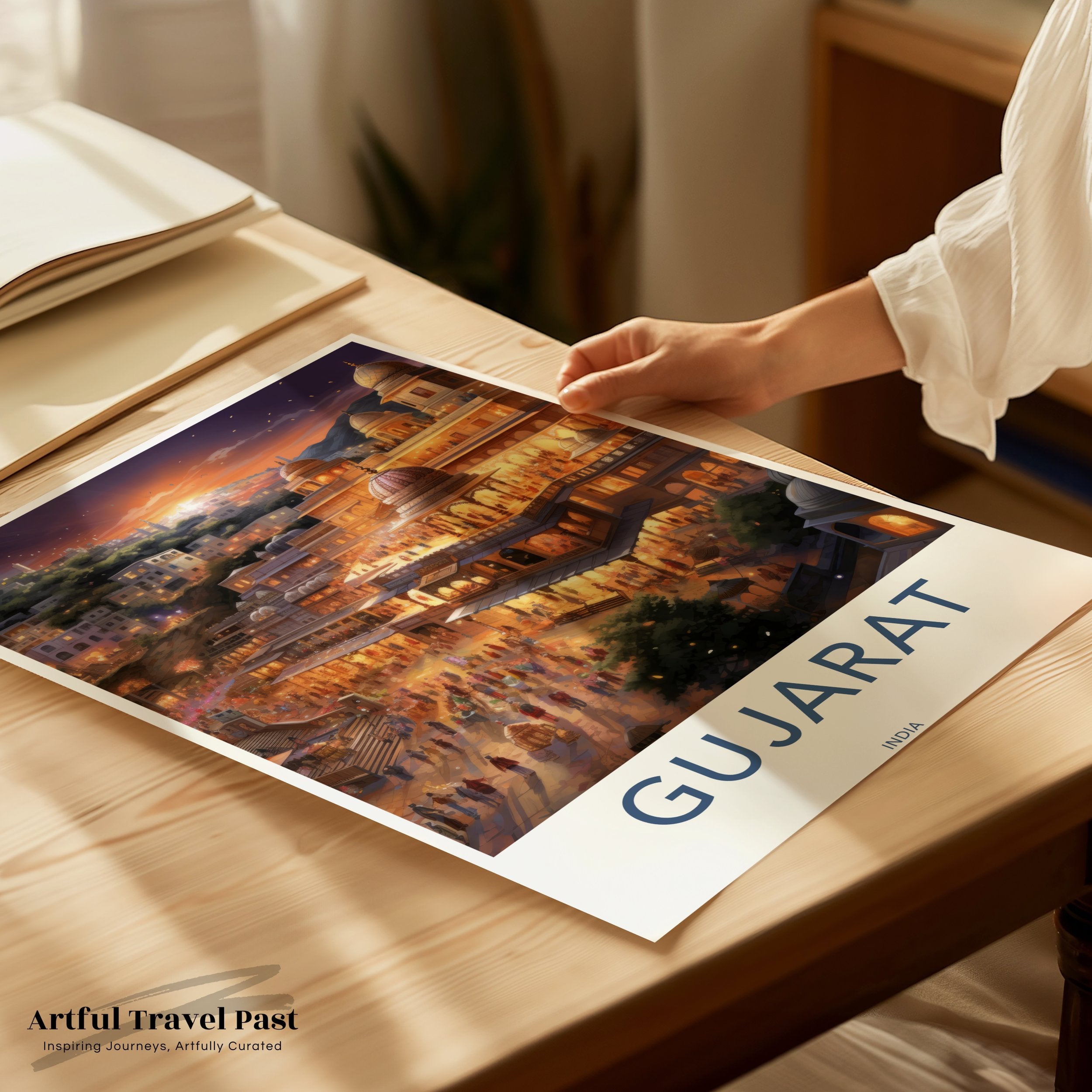 Gujarat India Framed Poster, Historic Landmarks, Iconic Indian Architecture, Vibrant Cultural Scene, Sunset Cityscape Print