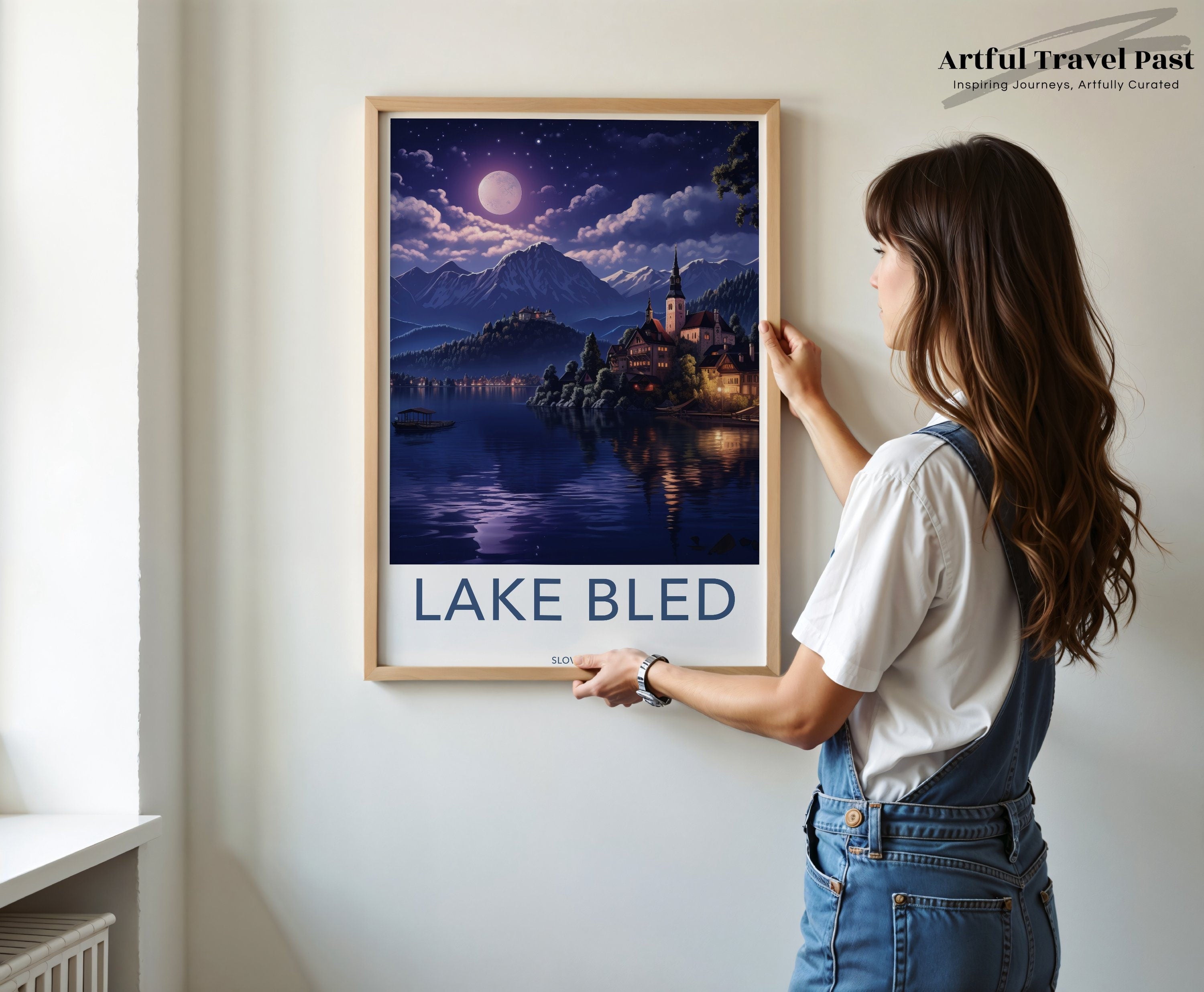 Lake Bled Wall Art, Slovenia Moonlit Night Landscape Poster, Scenic European Mountains and Lake View Decor