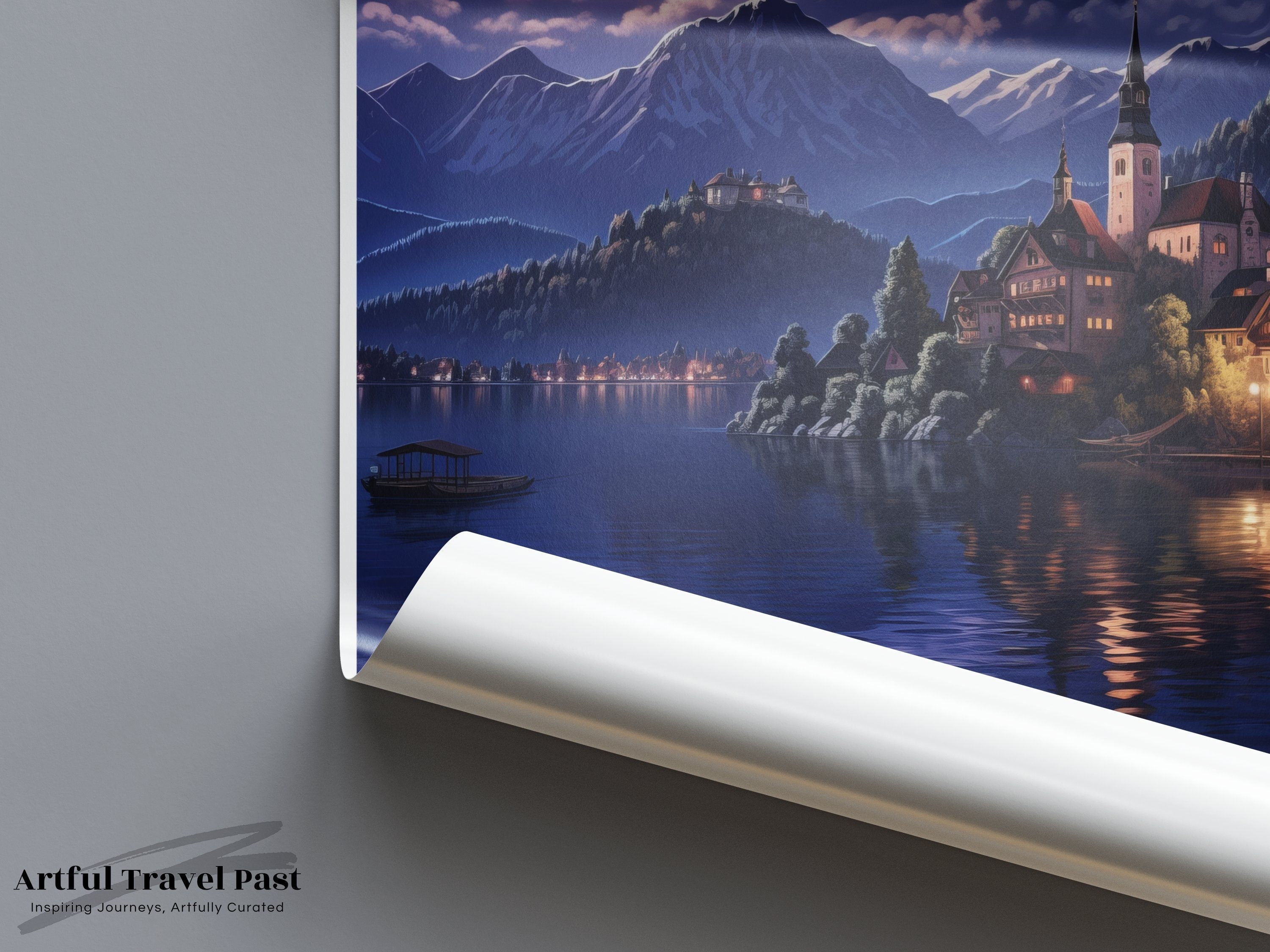 Lake Bled Wall Art, Slovenia Moonlit Night Landscape Poster, Scenic European Mountains and Lake View Decor