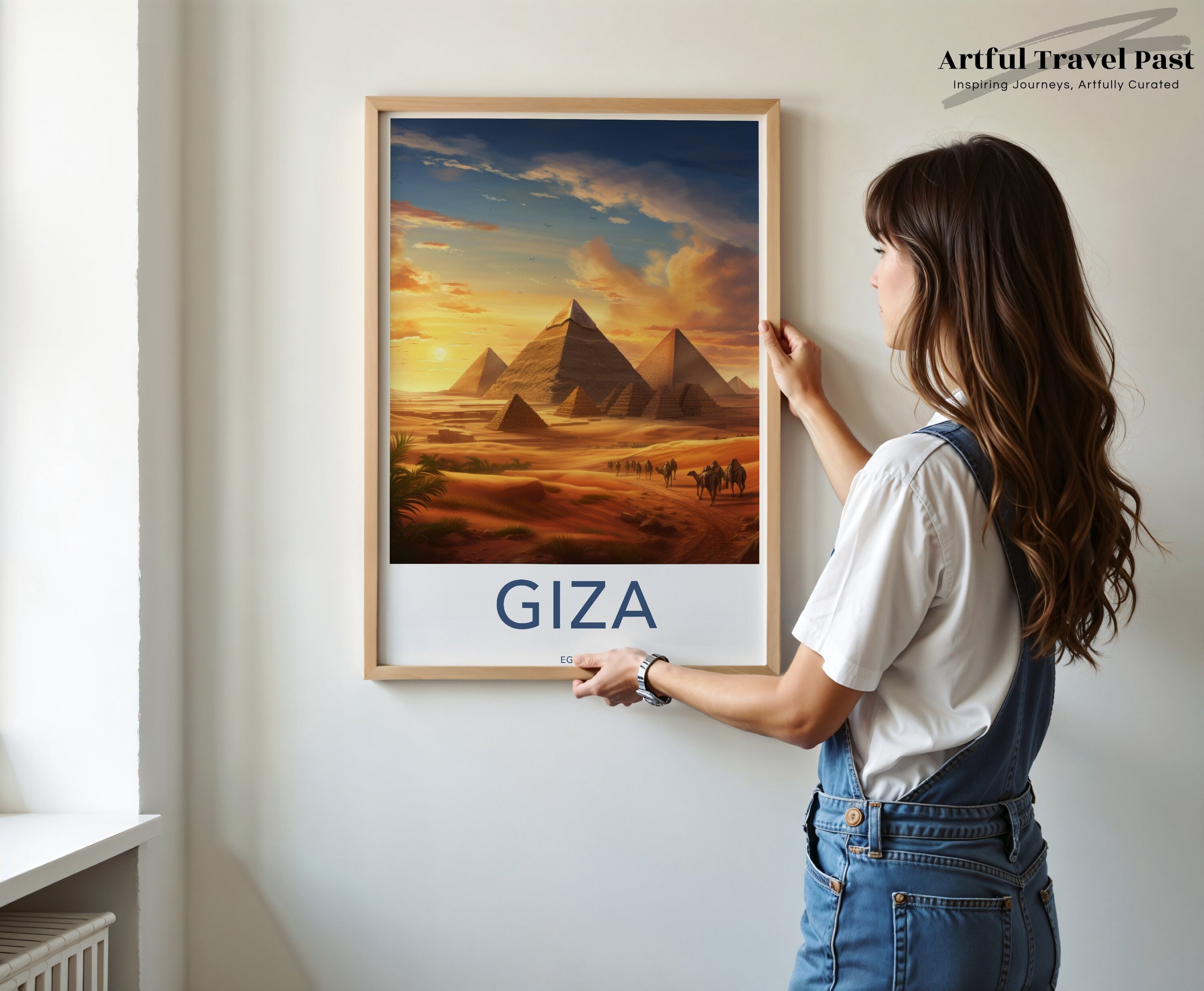 Giza Pyramids Art, Sunset Poster, Egyptian Landscape Wall Decor, Travel Photography Print, Historic Egypt Art, Framed Poster, Home Decor