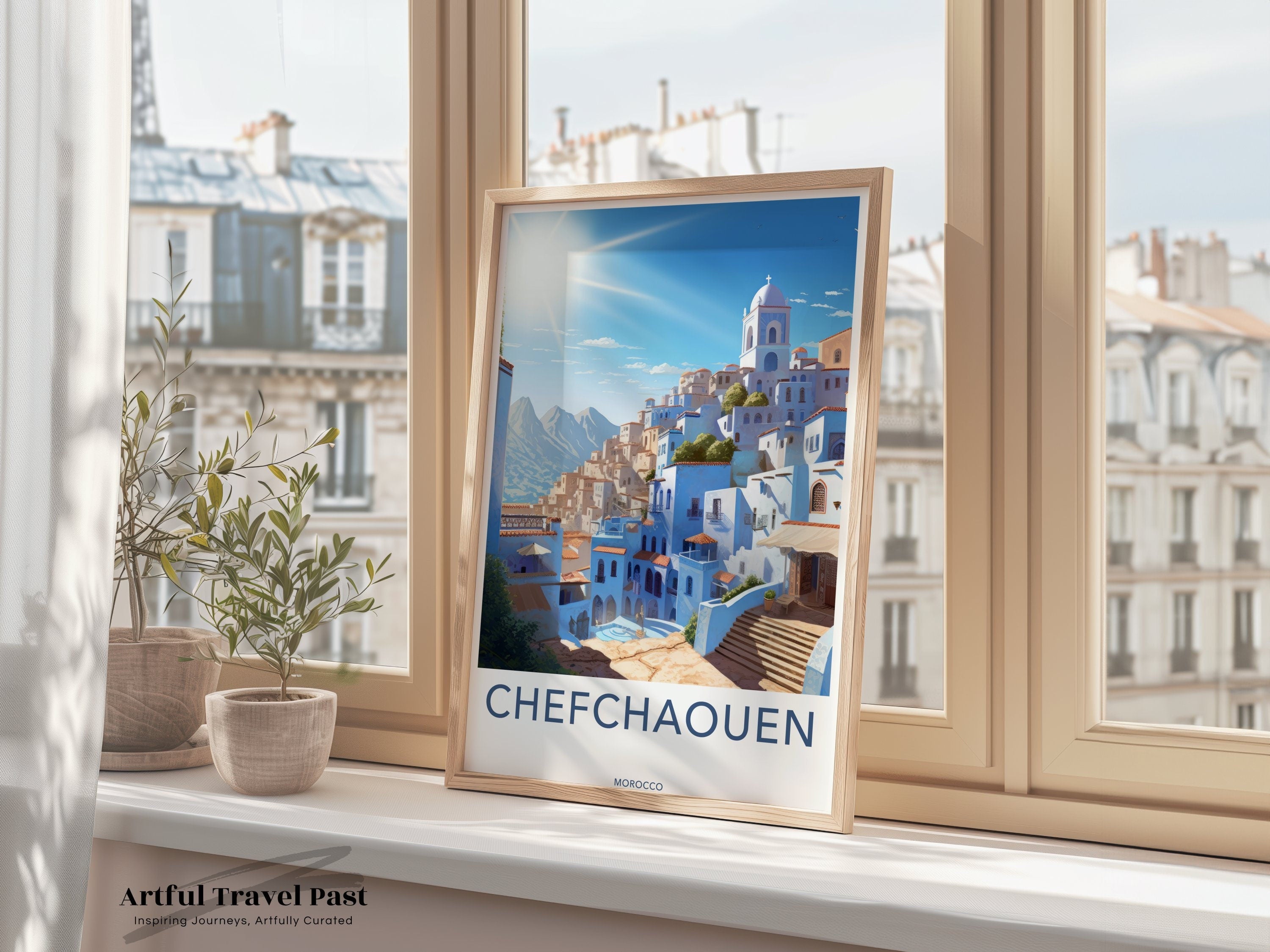 Chefchaouen Framed Poster, Morocco Wall Art, Historical Moroccan Town Print, Scenic Cityscape Decor, Blue City Framed Artwork