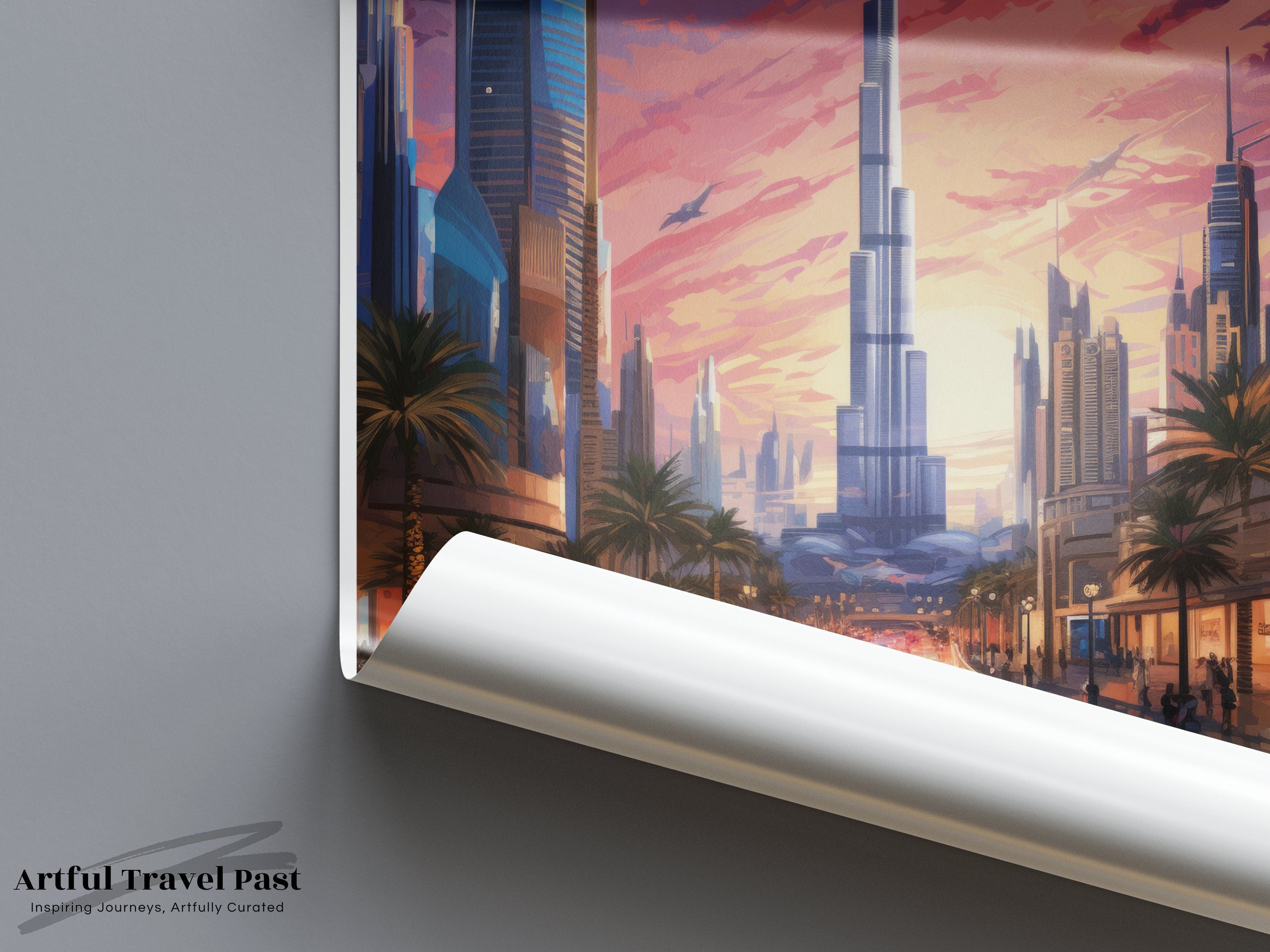 Dubai Skyline Framed Poster, Vibrant Cityscape Wall Art, Modern Architectural Decor, Dubai at Sunset, UAE Art Print, Iconic Landmark Print