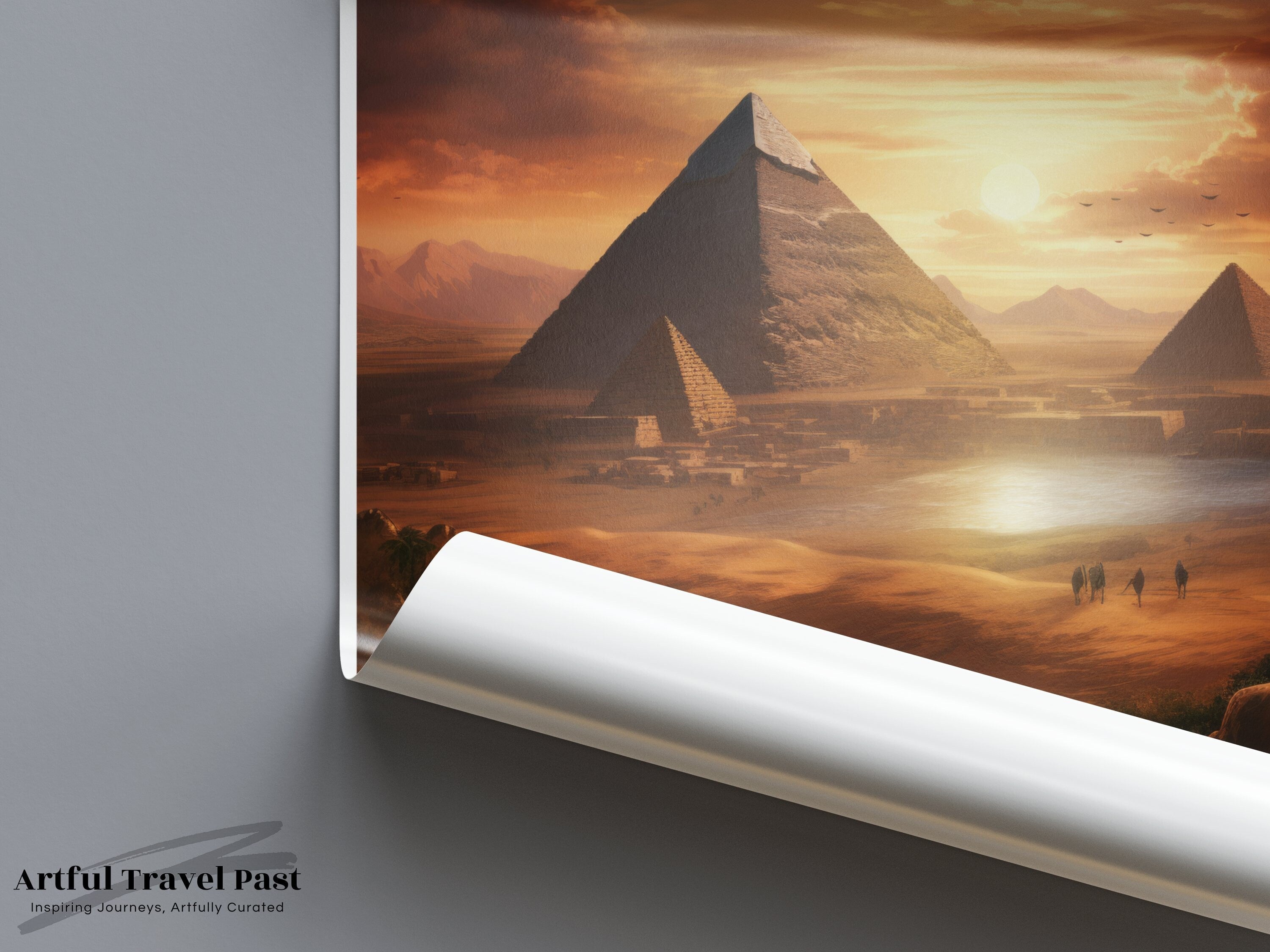 Giza Egypt Framed Poster, Pyramids at Sunset Wall Art, Ancient Pyramids Home Decor, Historical Giza Landscape Print