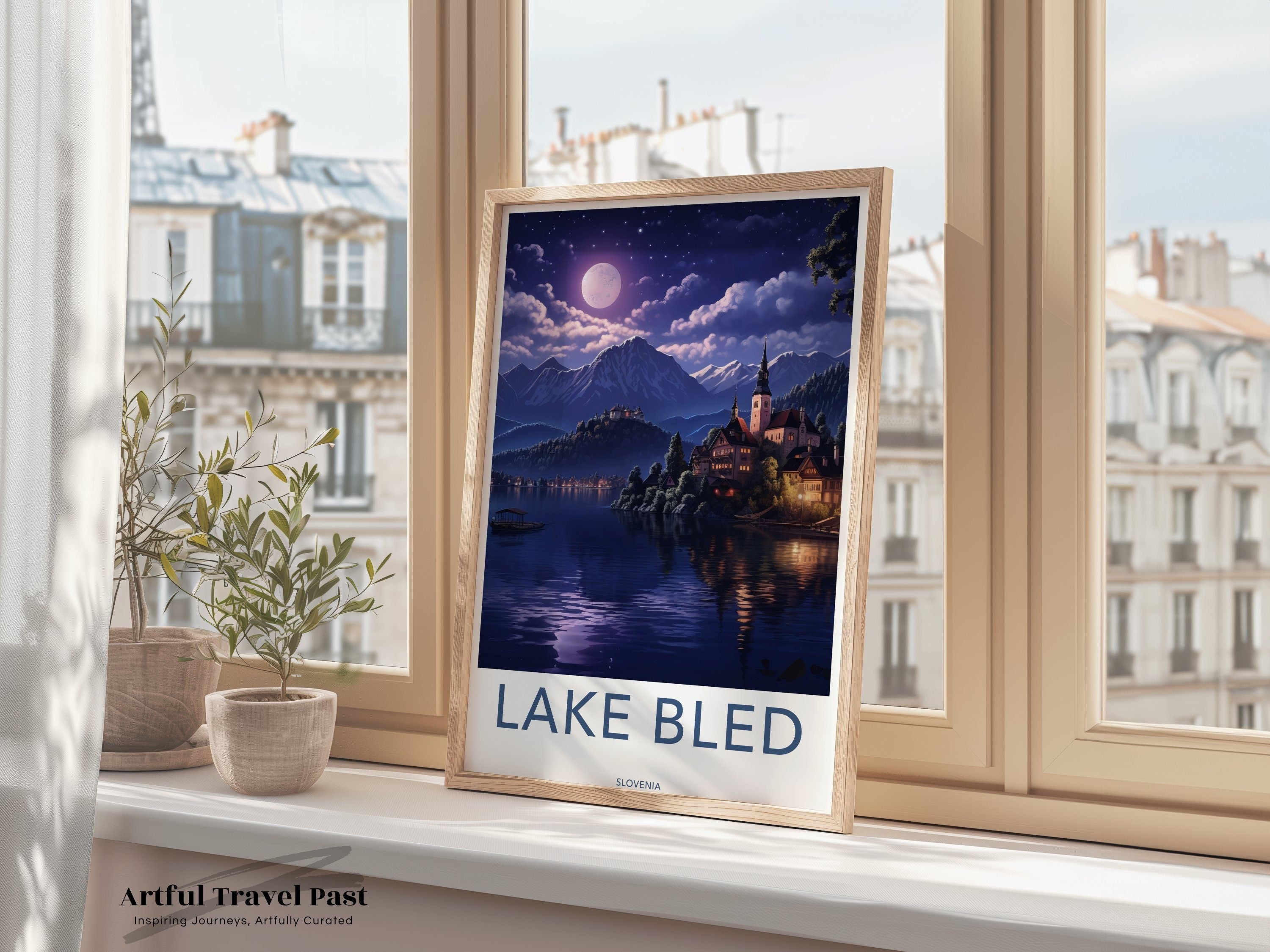 Lake Bled Wall Art, Slovenia Moonlit Night Landscape Poster, Scenic European Mountains and Lake View Decor