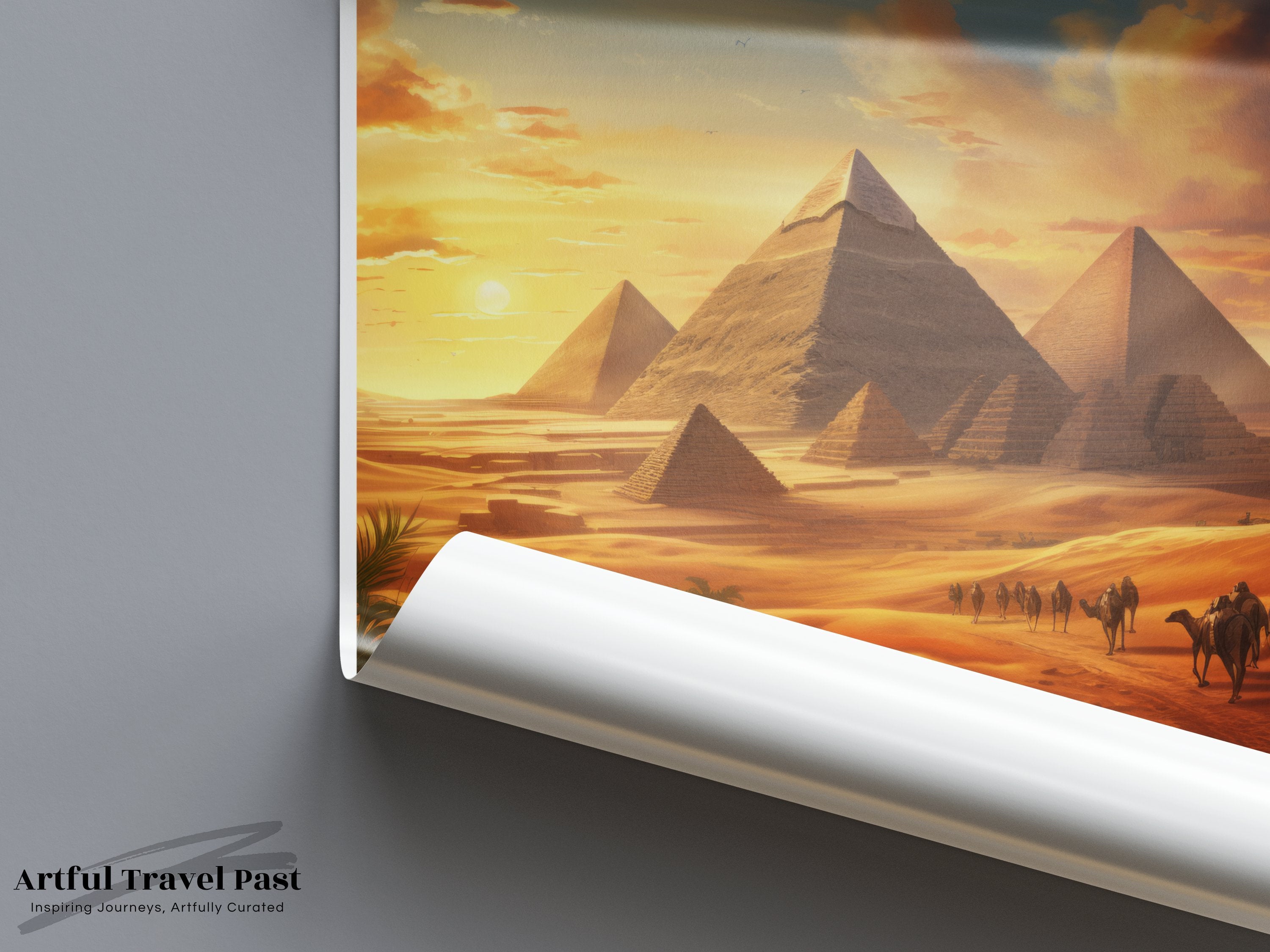 Giza Pyramids Art, Sunset Poster, Egyptian Landscape Wall Decor, Travel Photography Print, Historic Egypt Art, Framed Poster, Home Decor