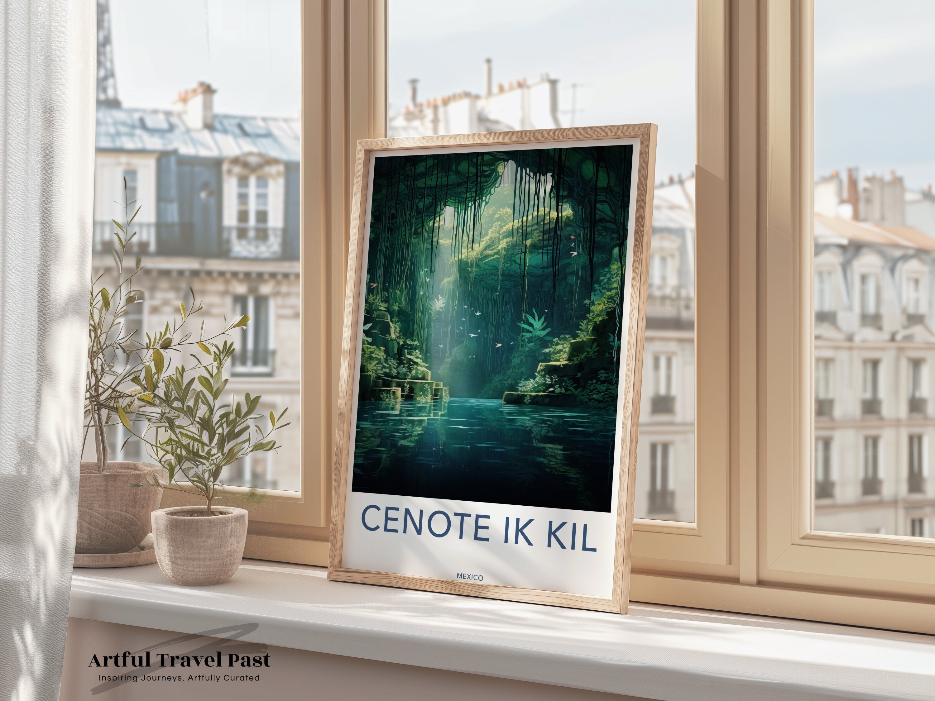 Cenote Ik Kil Framed Poster, Mexican Natural Wonder Art Print, Scenic Nature Wall Decor, Beautiful Water Cave Illustration, Travel Home