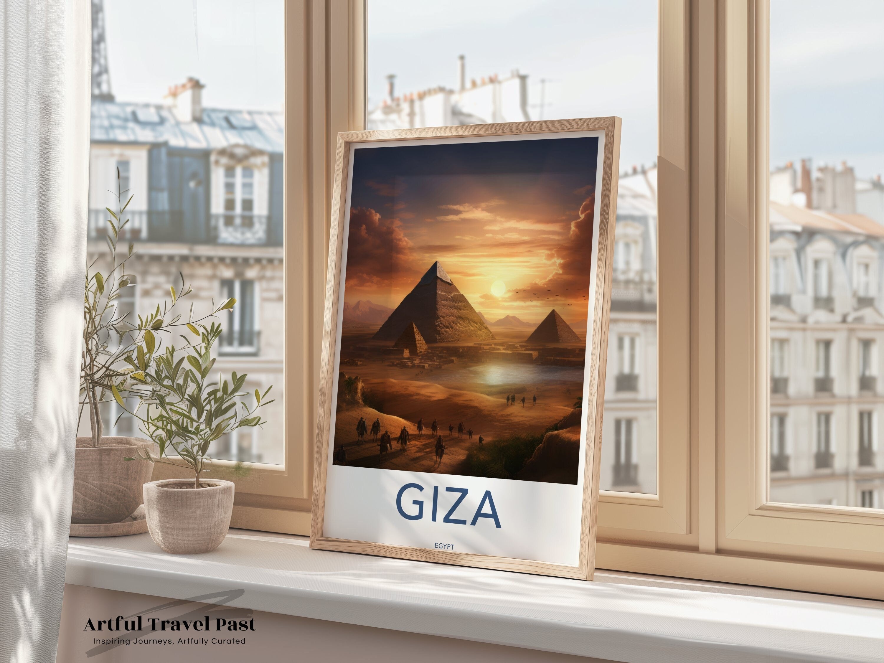 Giza Egypt Framed Poster, Pyramids at Sunset Wall Art, Ancient Pyramids Home Decor, Historical Giza Landscape Print