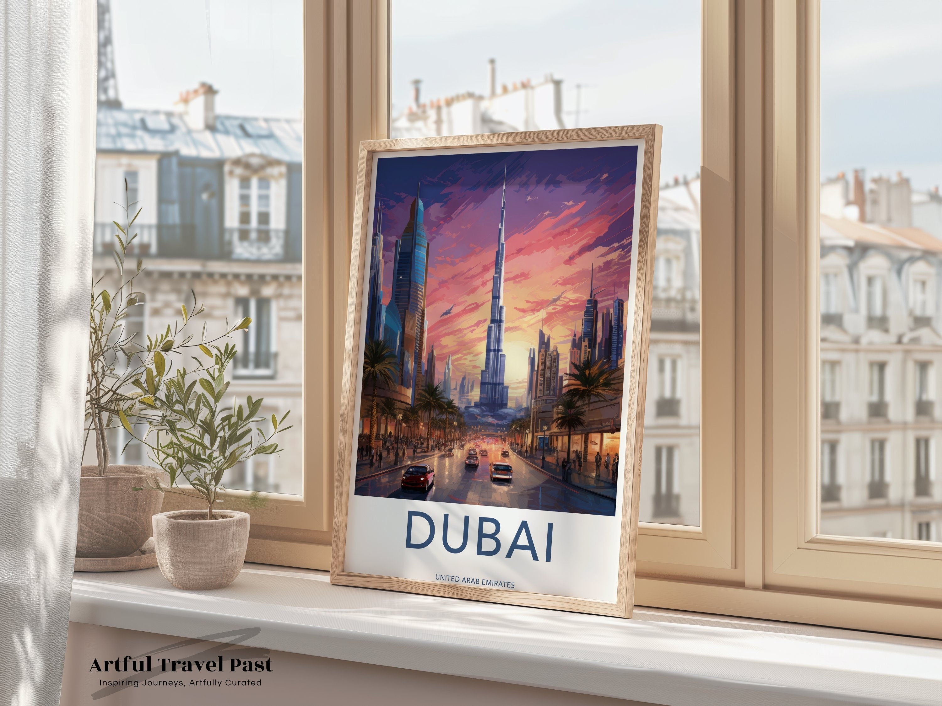 Dubai Skyline Framed Poster, Vibrant Cityscape Wall Art, Modern Architectural Decor, Dubai at Sunset, UAE Art Print, Iconic Landmark Print