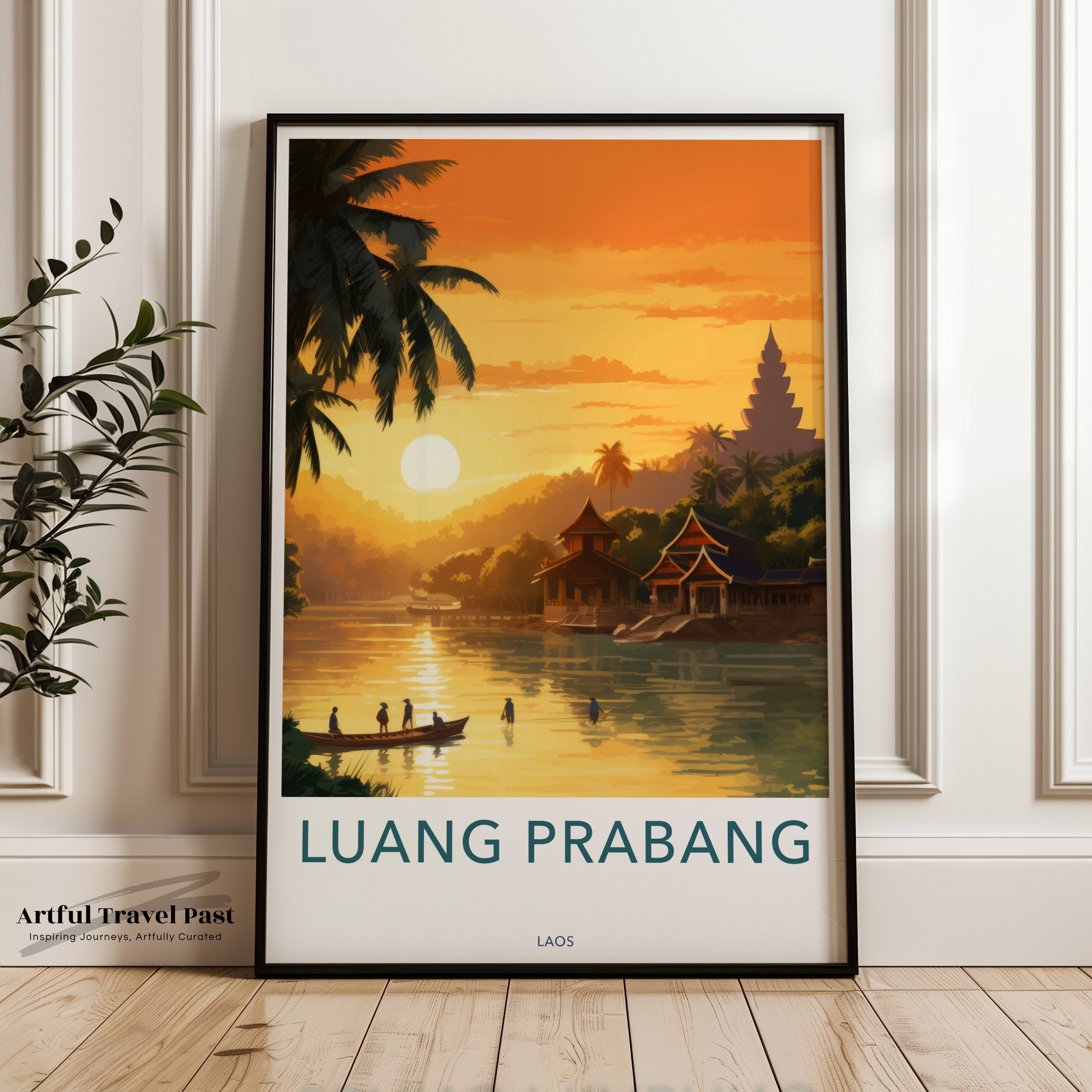 Luang Prabang Wall Art, Sunset River View, Southeast Asia Print, Cultural Landmark Decor, Vintage Travel Poster, Historical City Scene