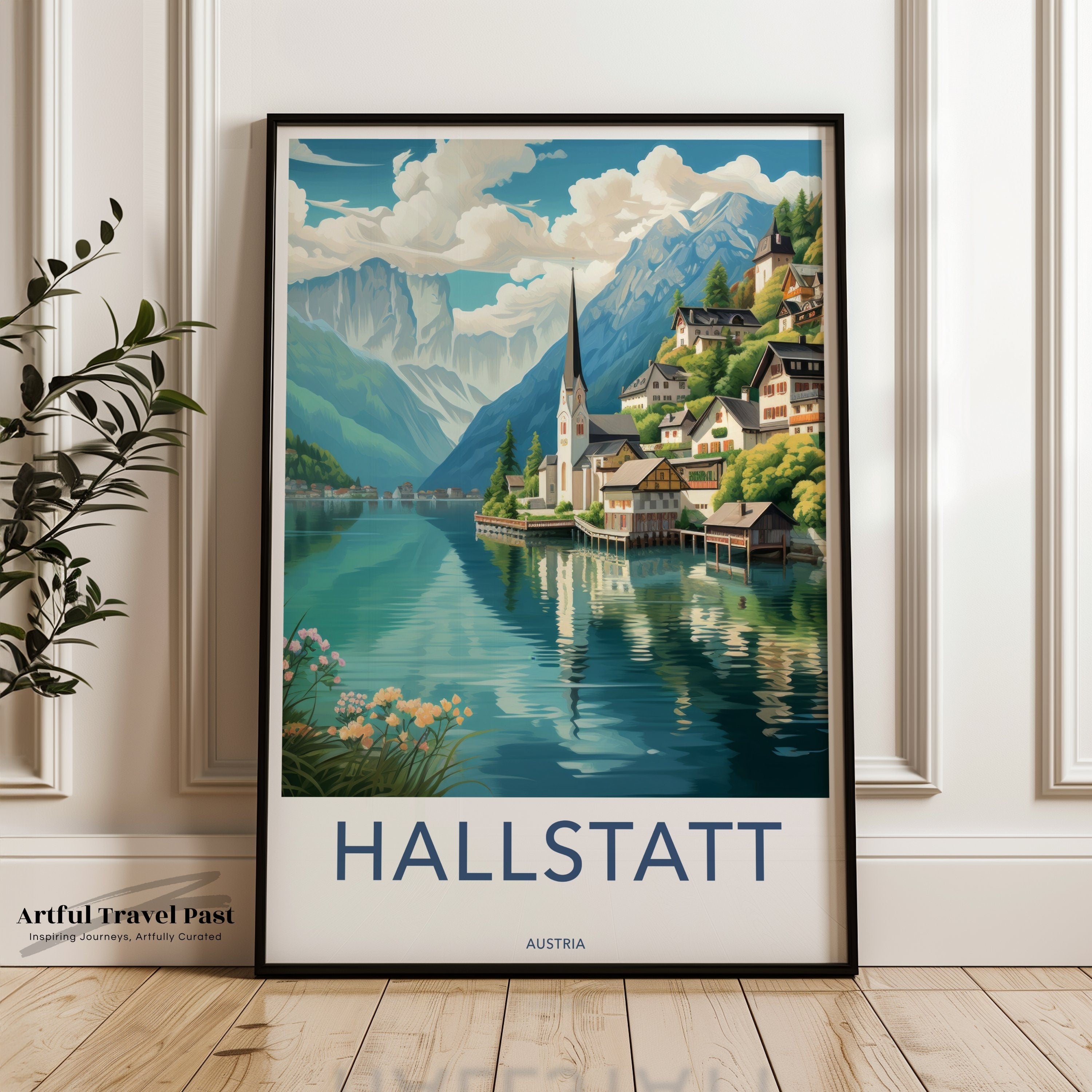 Hallstatt Framed Poster, Charming Alpine Village Art Print, Mountain Lake Home Decor, Austria Travel Scenic View, Historic European Town